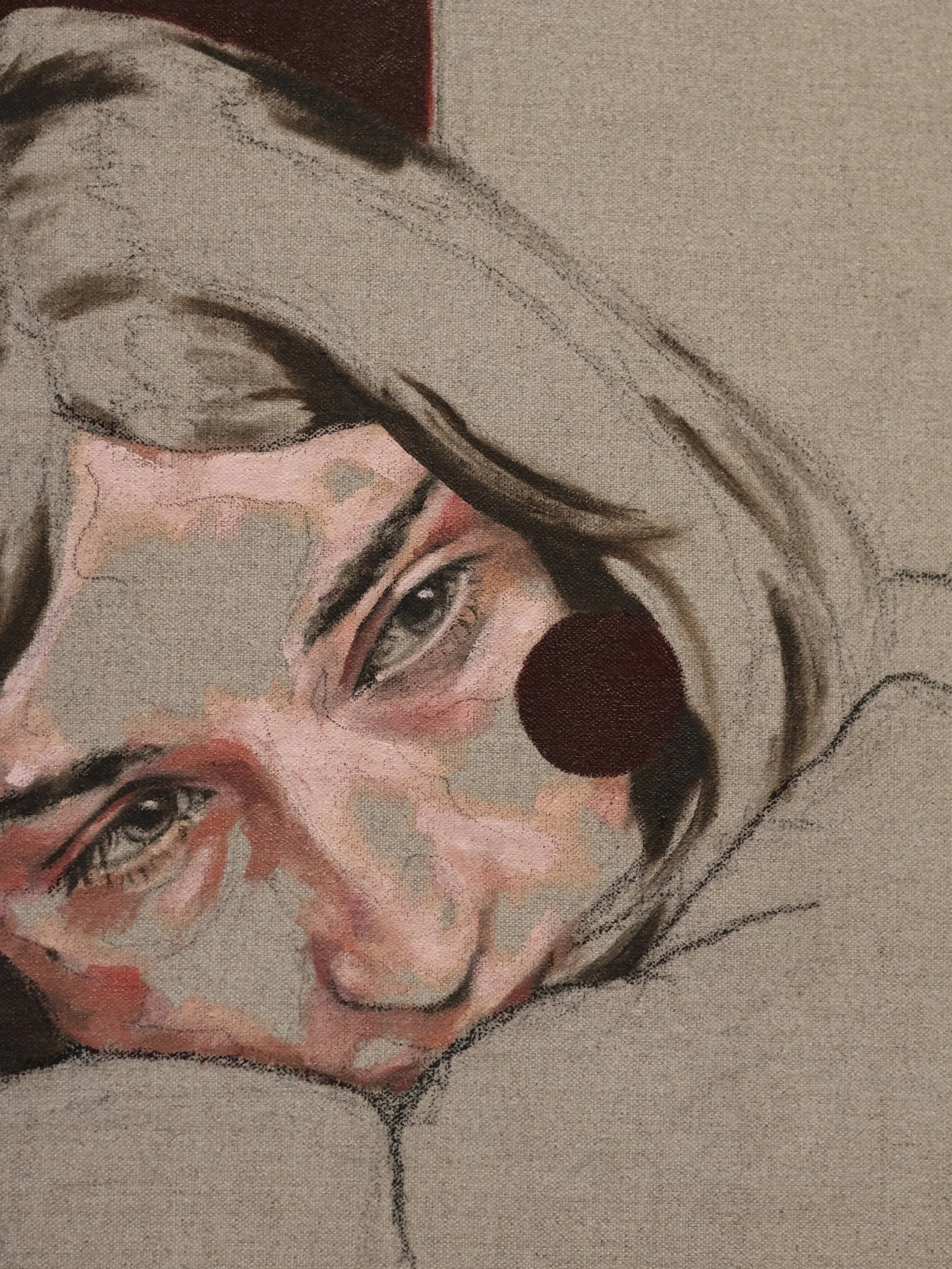 Close ups of &lsquo;Still life&rsquo;. I can&rsquo;t reveal it all so you&rsquo;ll just have to come and see the full piece this Saturday at the opening 🙂&zwj;&harr;️
***
Created using oil and charcoal on handmade Belgium linen. Just one of my portr