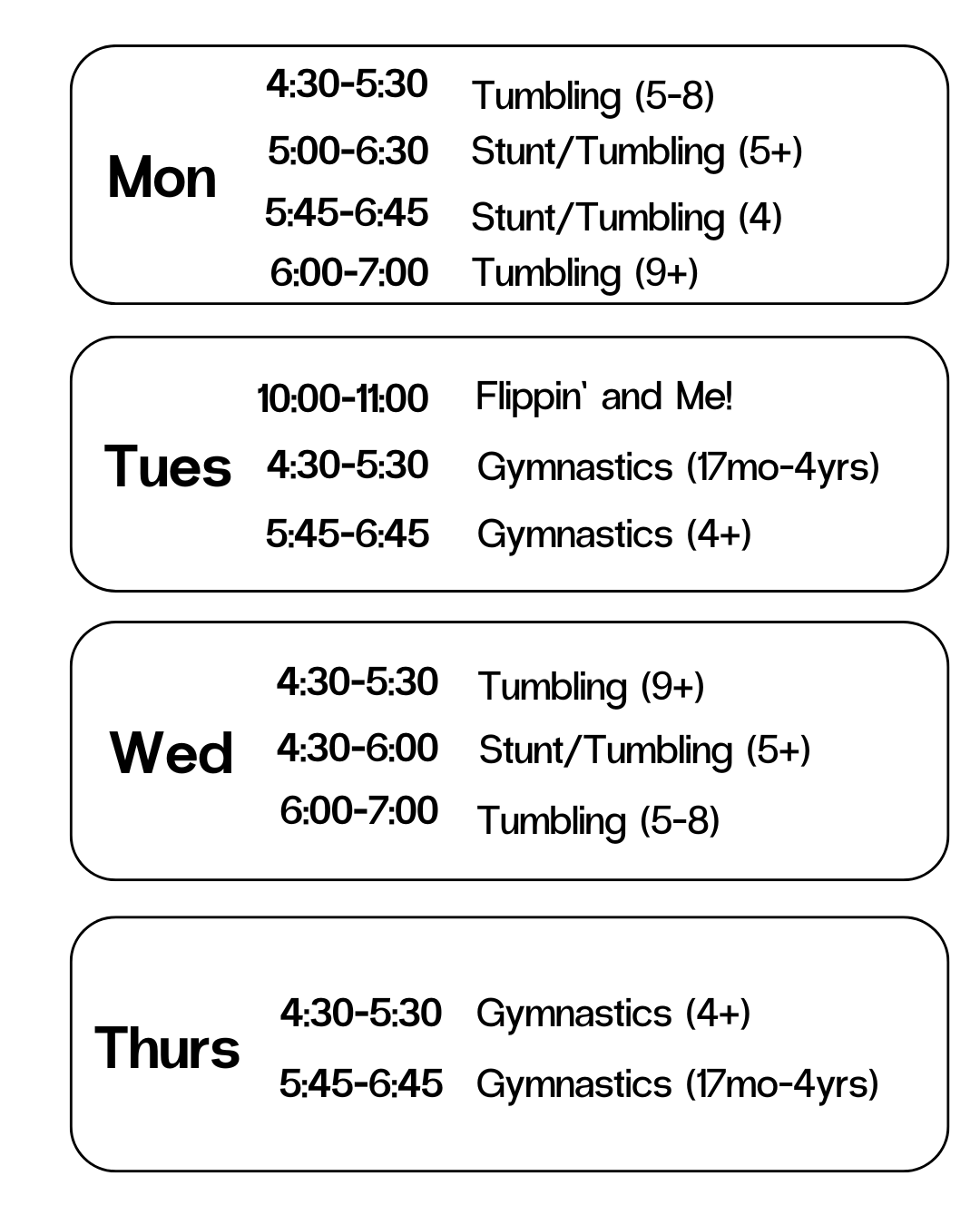 Weekly gymnastics class schedule with time slots for different age groups and activity types from Monday to Thursday.