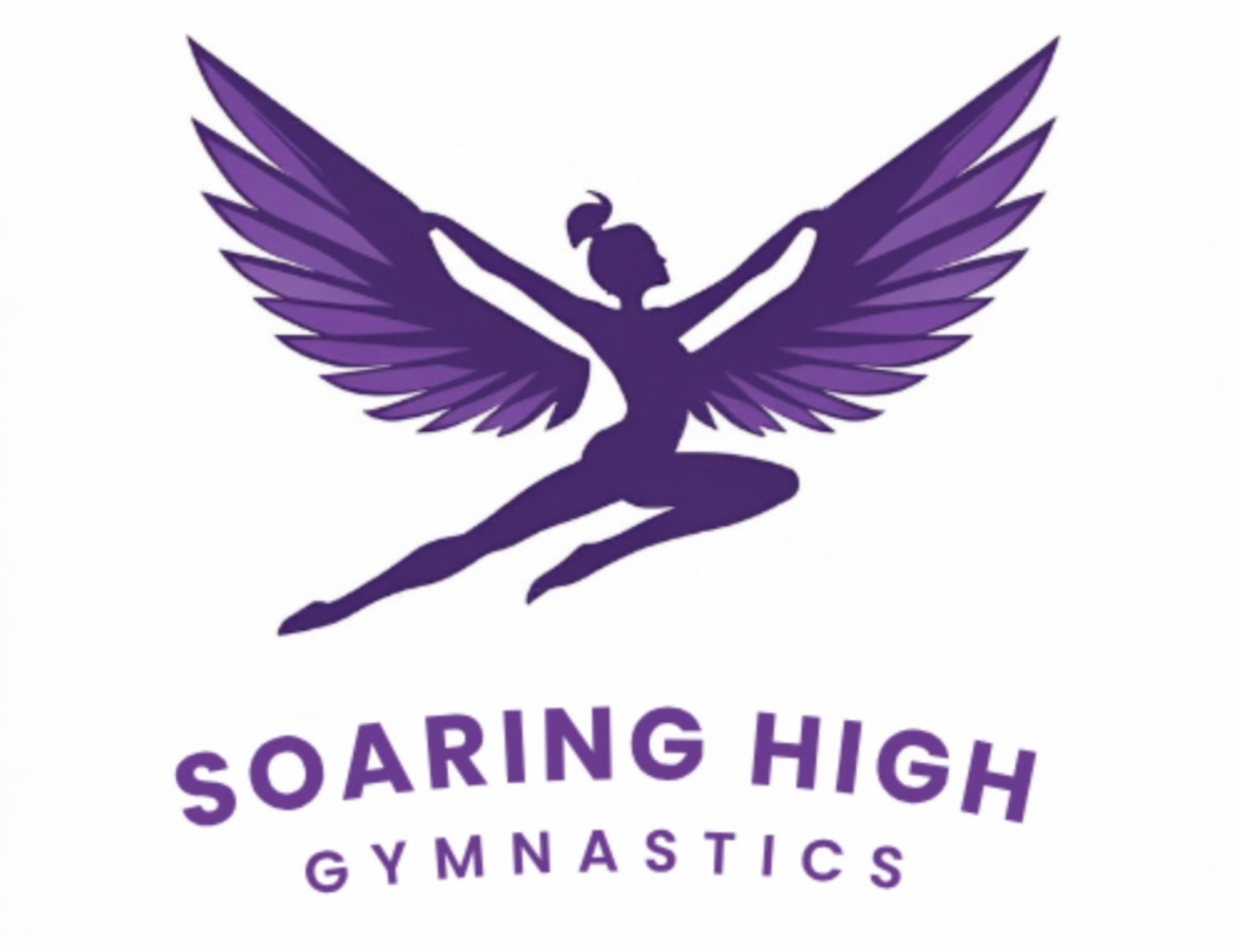 A purple silhouette of a gymnast with wings in a leap pose, above the text 'Soaring High Gymnastics' in purple.