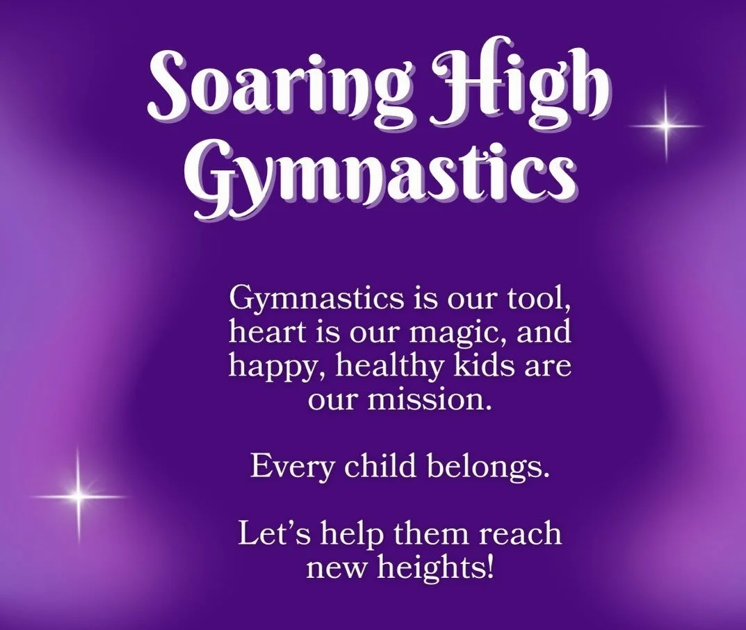 Purple background with white text promoting gymnastics and the importance of helping children reach new heights.