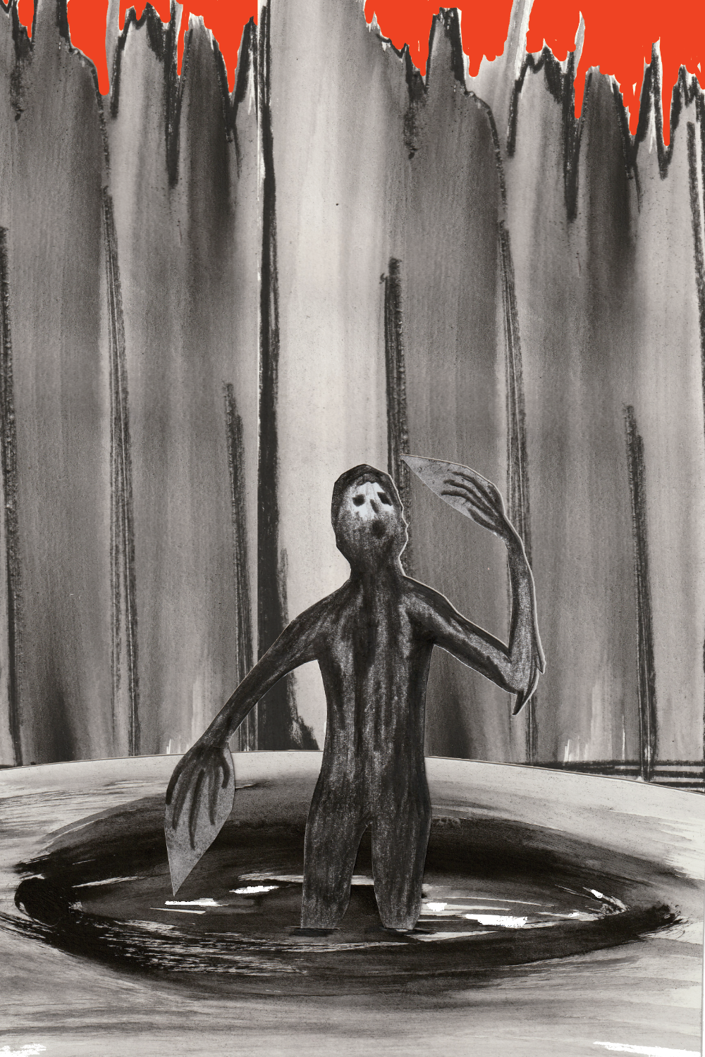 A black-and-white drawing of a zombie rising from the murk of Arcane Darkness from which it was spawned. Zombies are the mutated manifestations of the evil Red Menace, the enemy that has destroyed the freedoms and liberties of people.