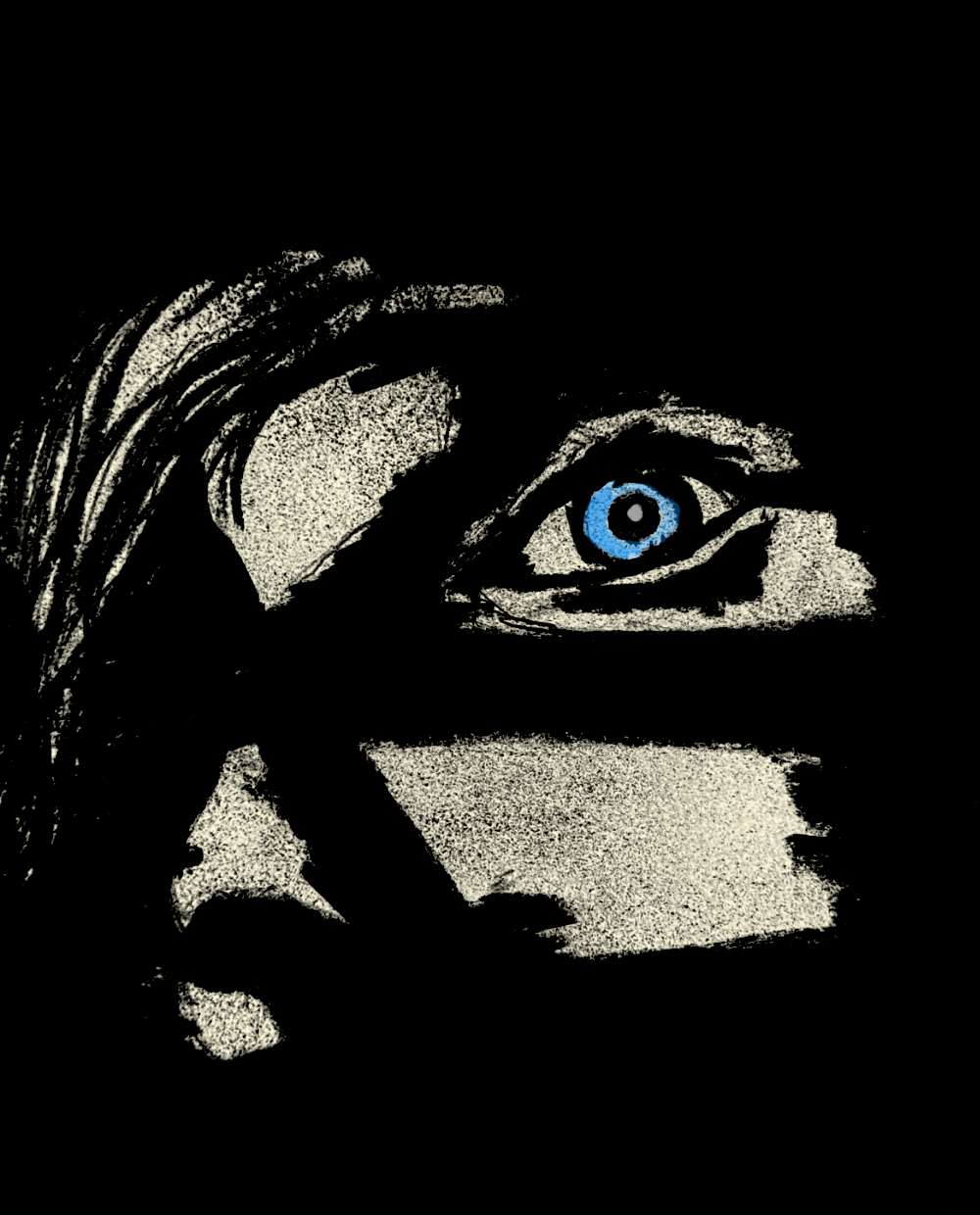 An artistic black and white portrait of a person's face, with a piercing blue eye and partial face covering, emphasizing the eye expression.