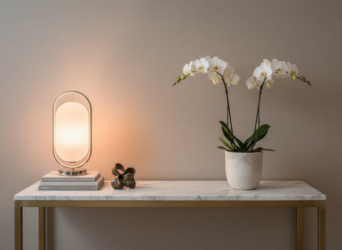 A white marble table with a modern oval table lamp, a stack of books, a decorative sculpture, and a white potted orchid with pink flowers, set against a beige wall.