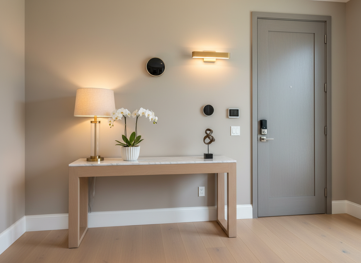 A modern apartment entryway with a gray door, a light wooden console table, a white orchid plant, a beige table lamp, a sculpture of an anvil, and various small decorative items on the wall.