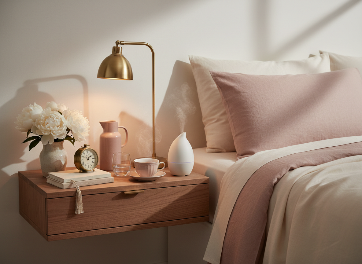 Bedroom bedside table with a lamp, clock, books, pink pitcher, glass of water, cup, diffuser, and a flower vase with white flowers.