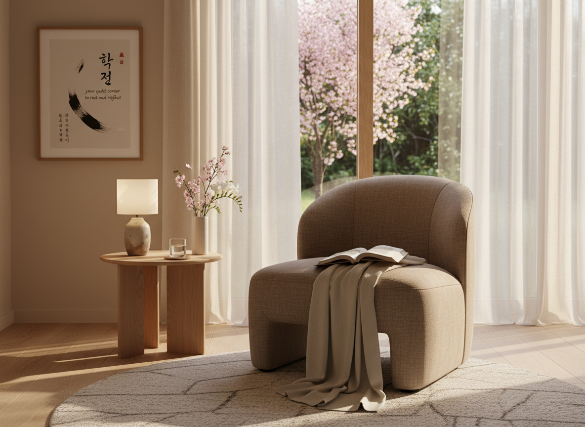 A cozy living room with a beige armchair, an open book and a fabric cloth on it, a small side table with a white lamp, pink flowers in a vase, and a large window with sheer curtains showing a blooming pink tree outside.