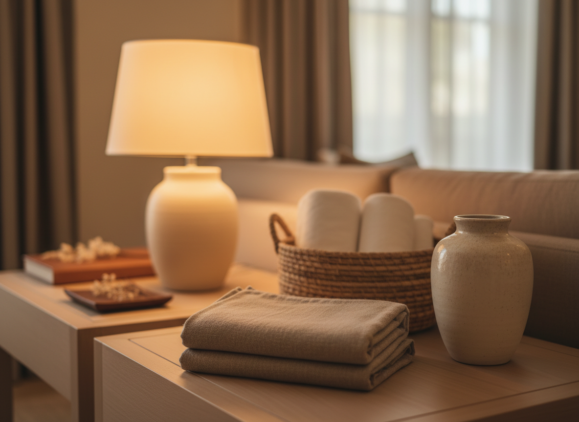 A cozy living room table arrangement with a lit beige lamp, folded towels, a ceramic vase, and a wicker basket with rolled towels, all in front of a sofa and curtains.