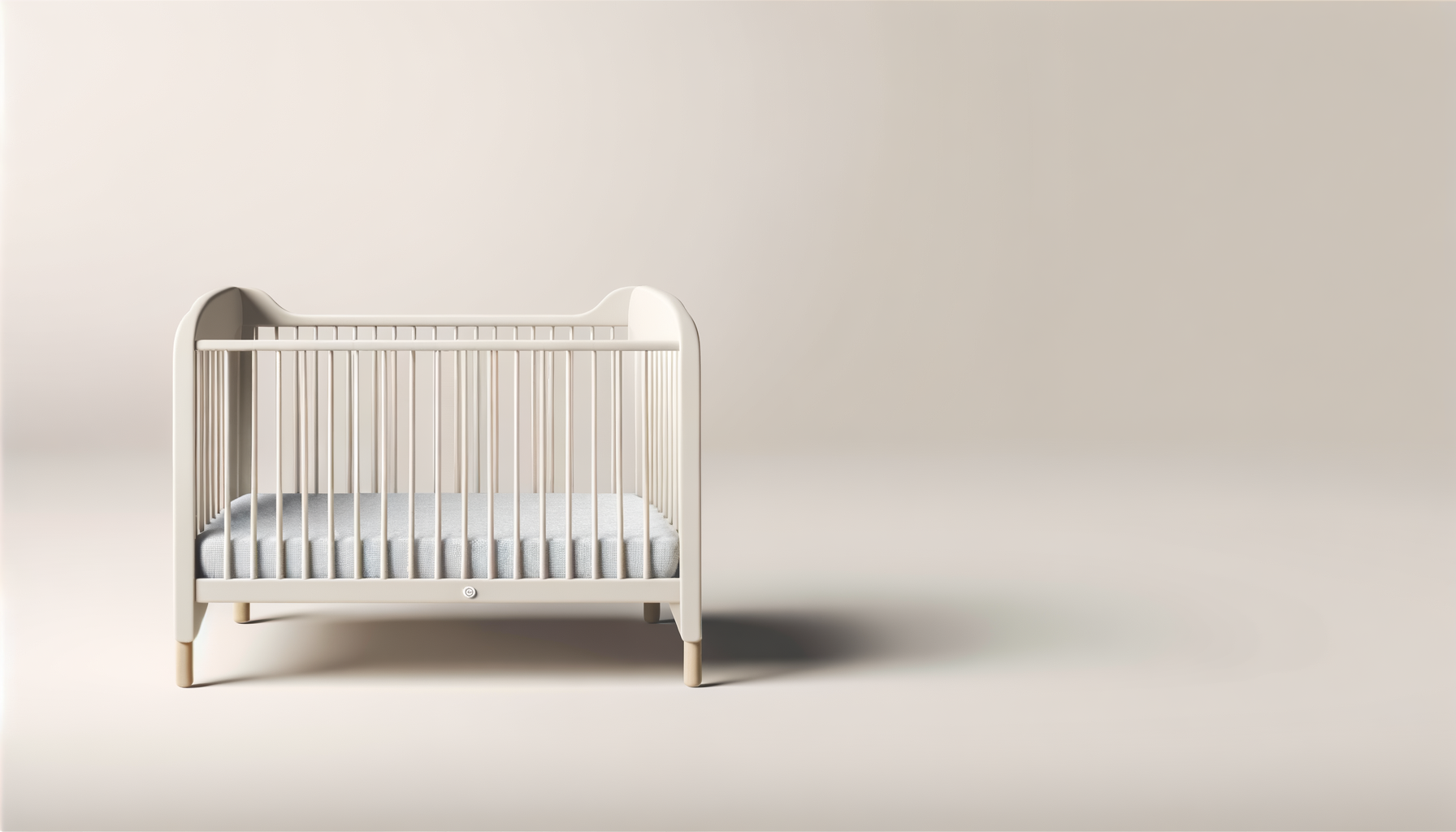 White crib with a mattress in a neutral room with beige walls.