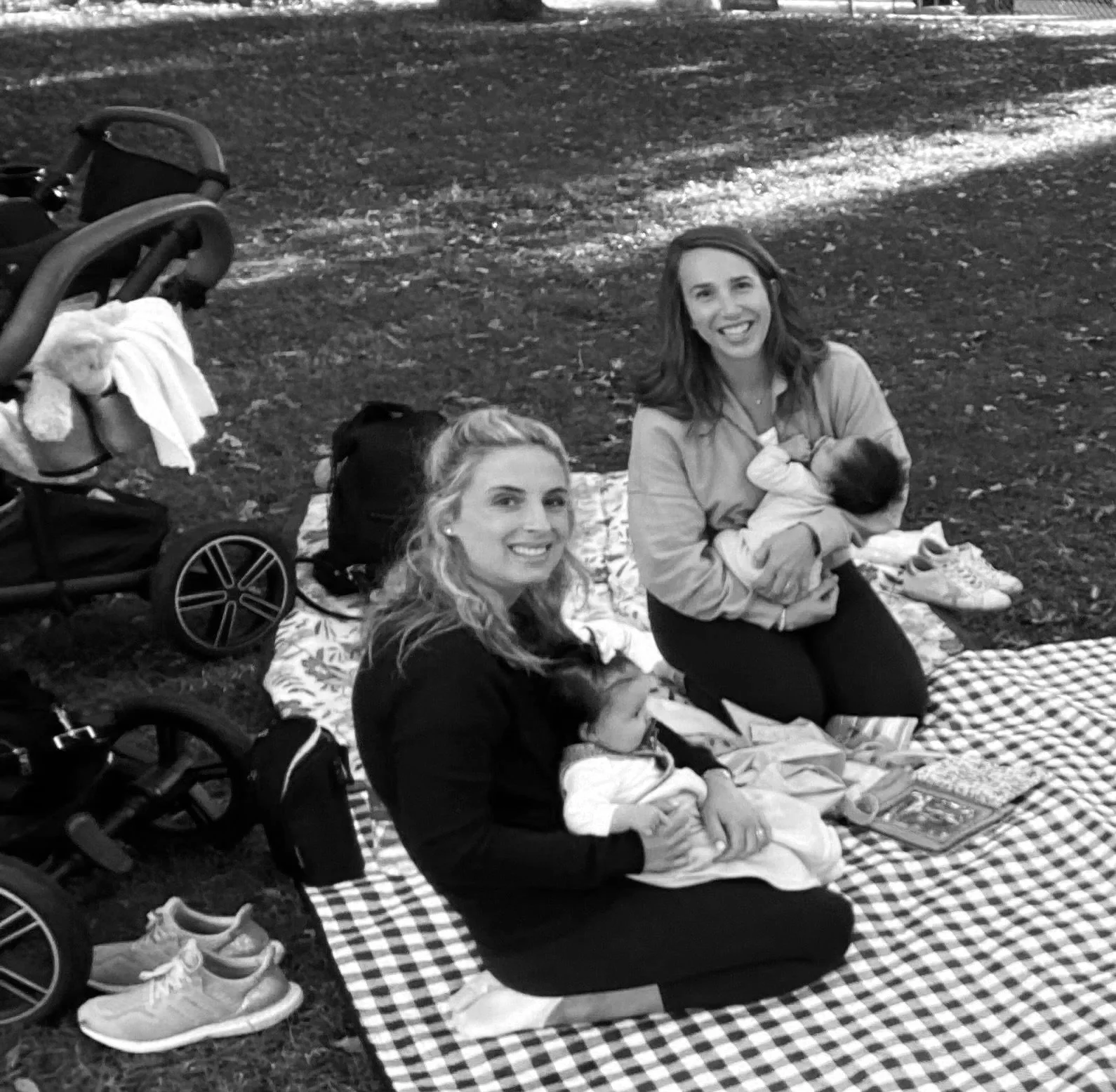 Two women sitting on a checkered blanket on the grass, with two babies, one sitting on her lap and the other being held by the woman on the right, smiling, and surrounded by bags, shoes, and a stroller.