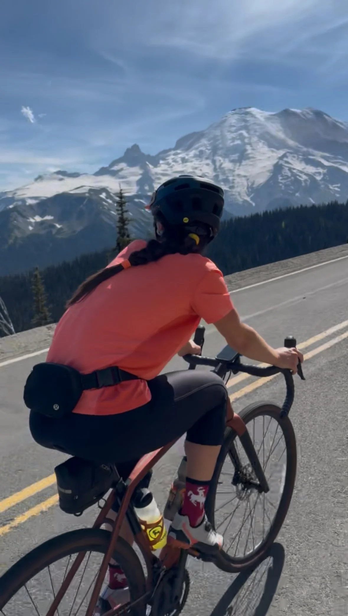 A person riding a bicycle on a mountain road with snow-capped mountains and evergreen trees in the background.