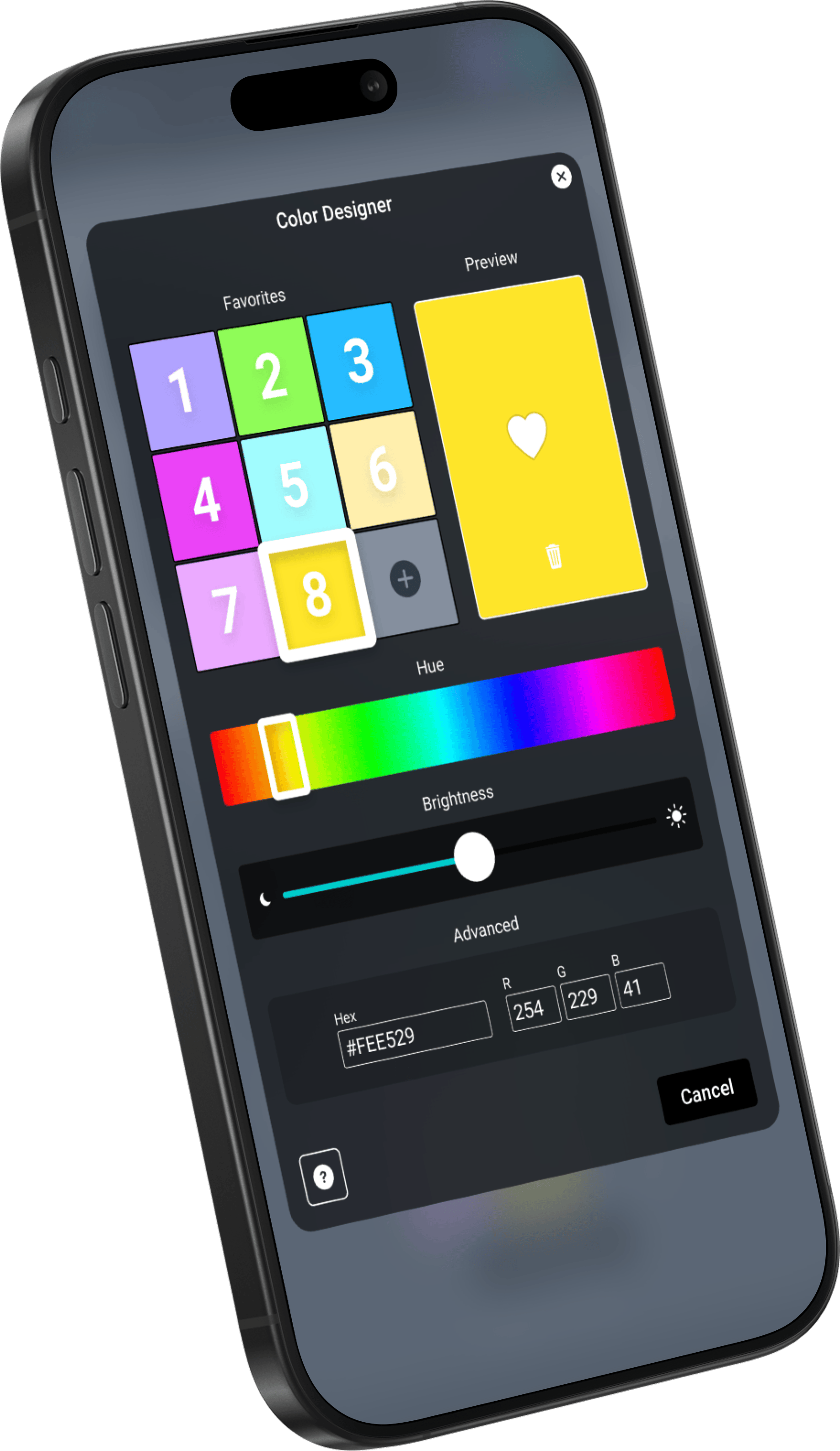 SAVI LED color configuration UI displayed on an iPhone