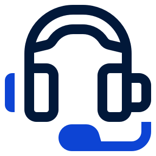 Icon of a headset with a microphone, shown in dark blue with some elements in lighter blue.