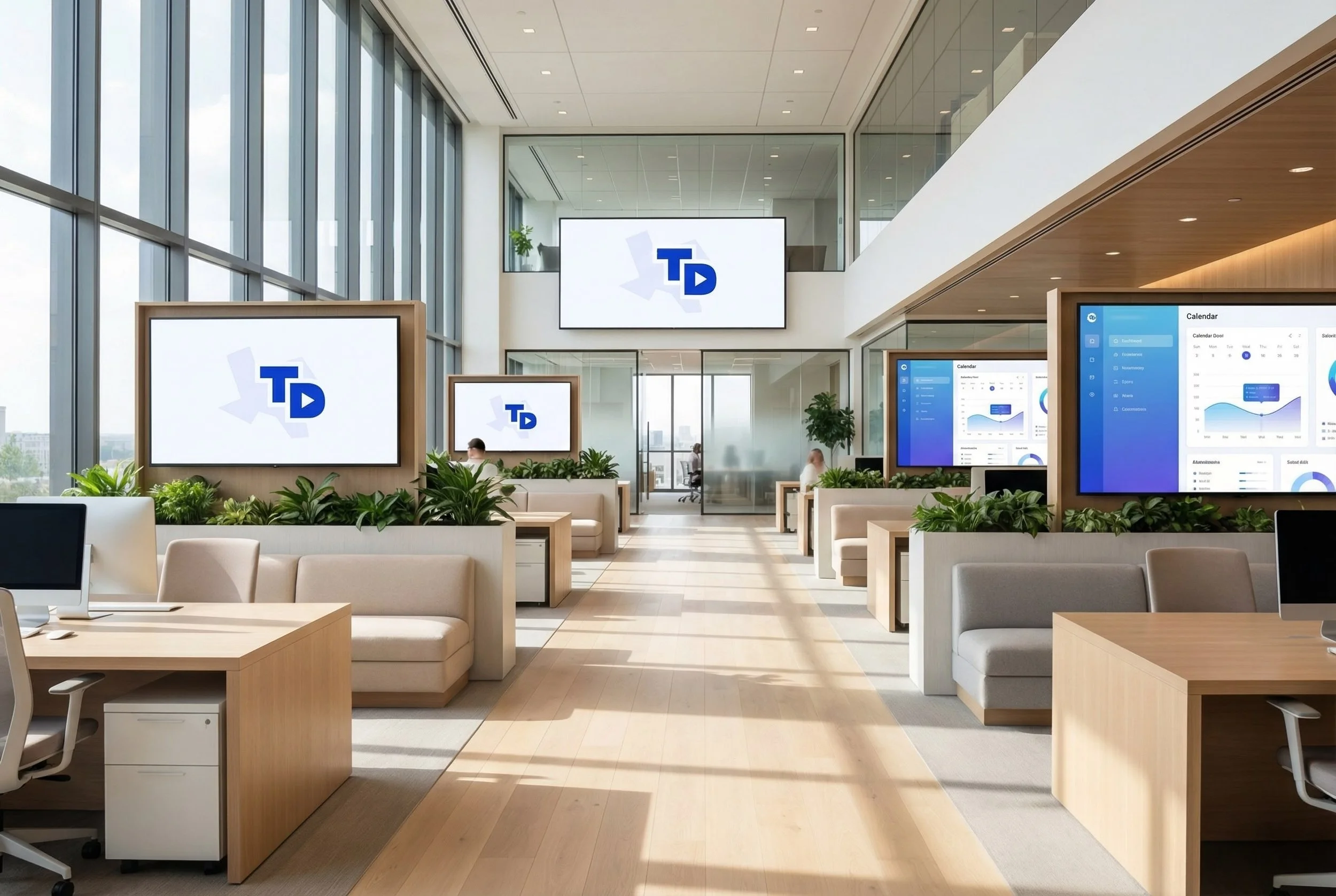 Modern office reception area with large floor-to-ceiling windows, multiple digital screens displaying graphs and logos, wooden furniture, and green plants.