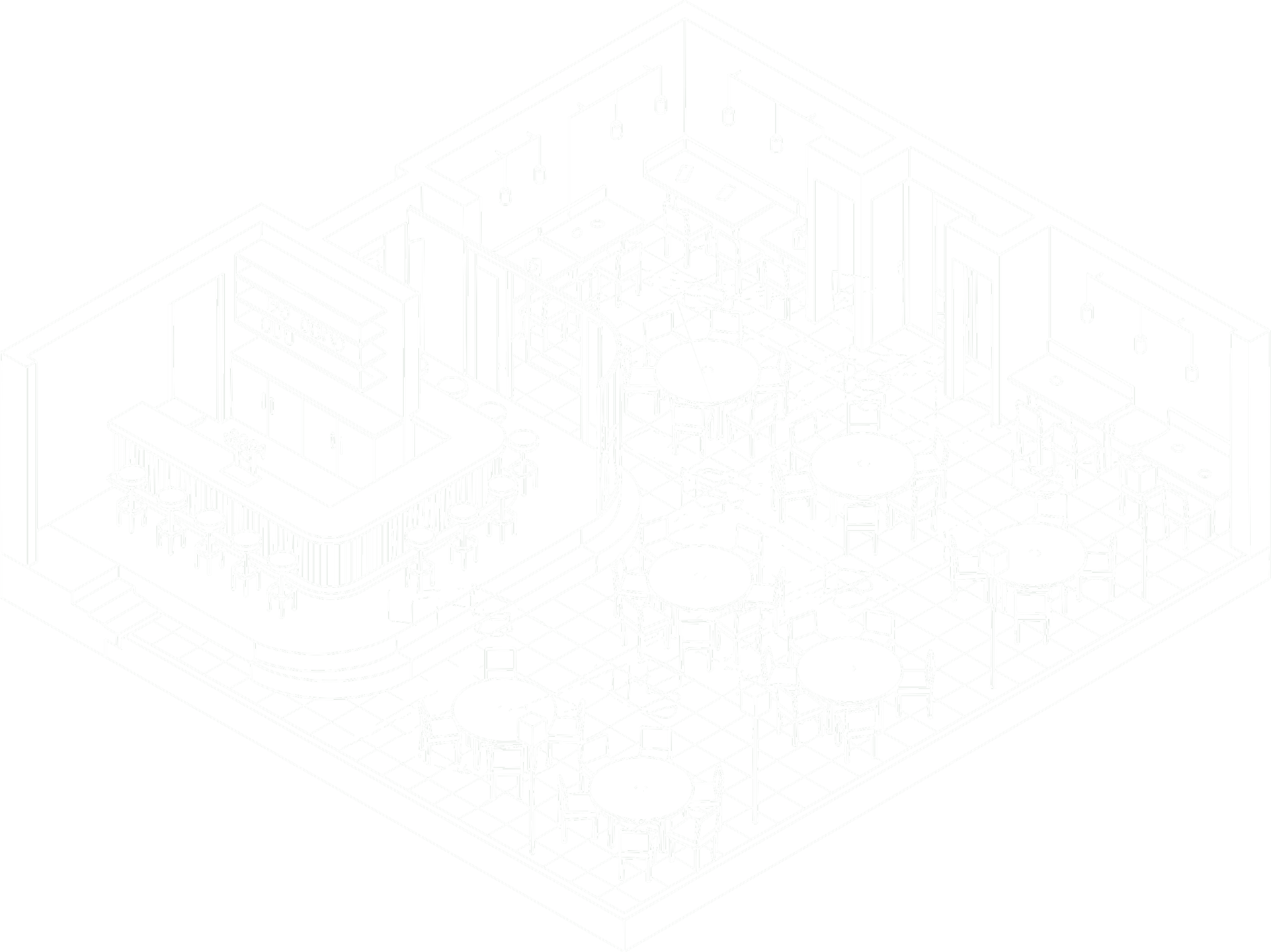 White line art diagram of a restaurant floorpan - isometric perspective