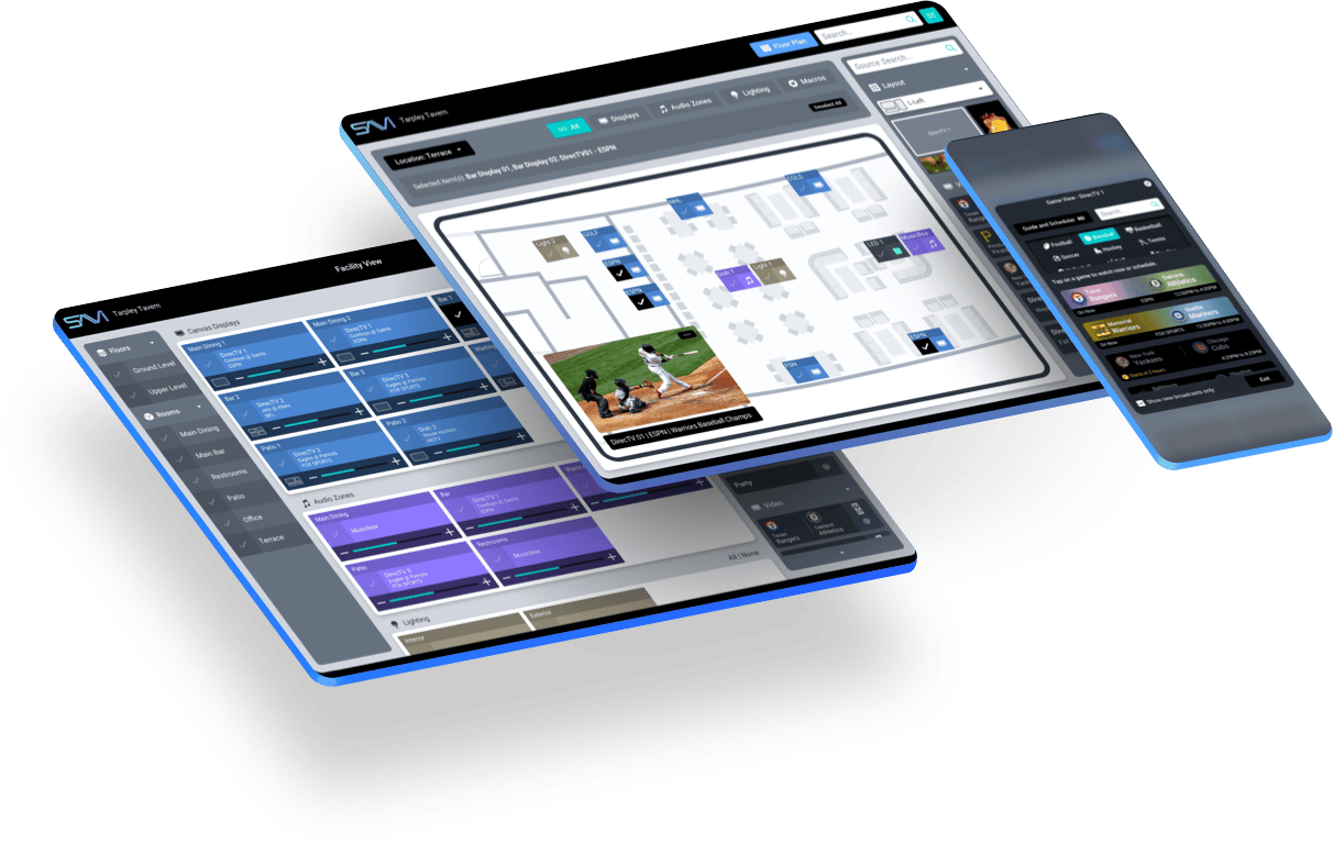 Screenshots of SAVI UI and SAVI Show dashboard on a tablet and smartphone, showing data visualization, scheduling, and notification features.