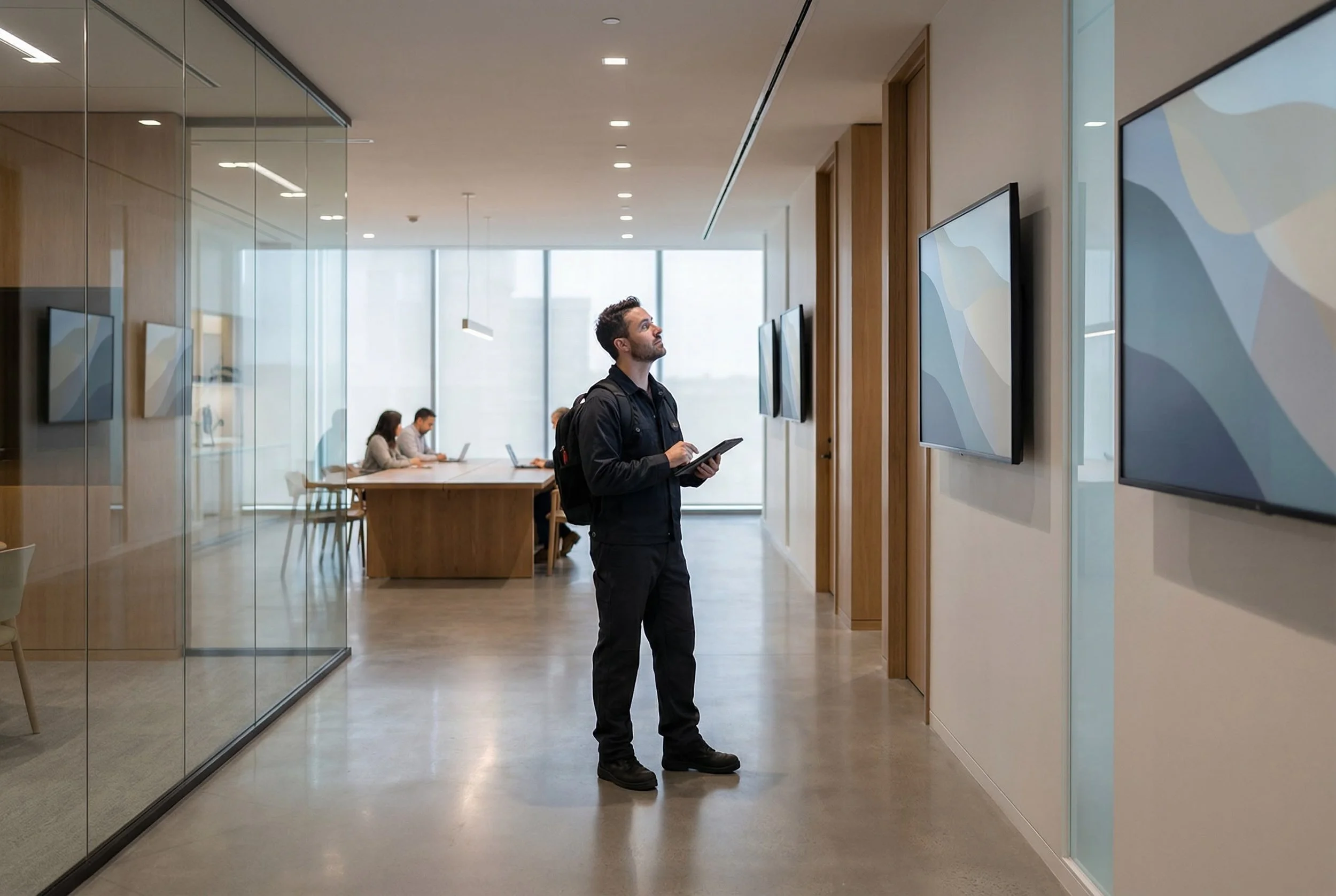 A man with a backpack holding a tablet, standing in a modern office corridor, looking at wall-mounted screens, with a meeting room visible in the background where people are working on laptops.