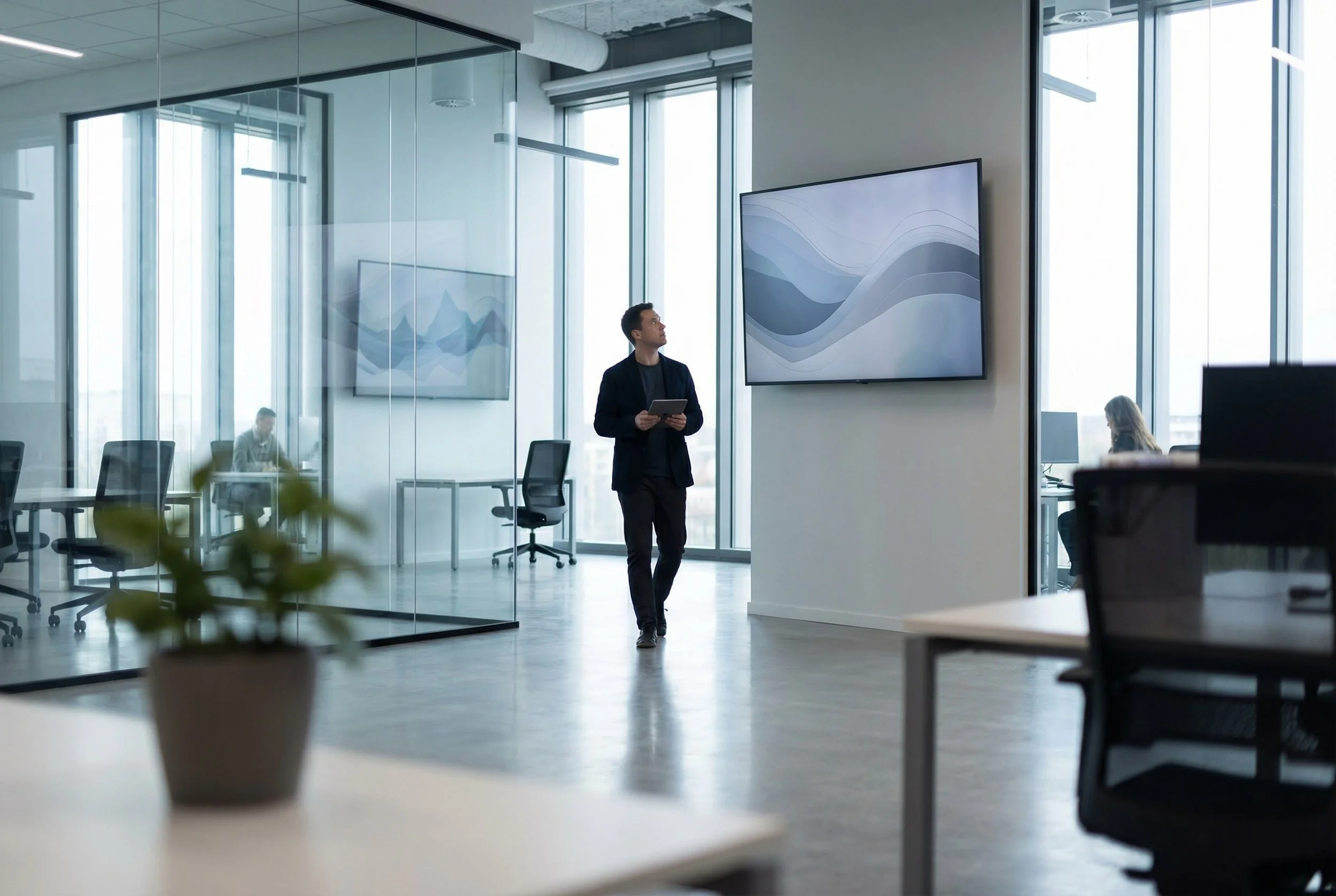 Man in a dark suit holding a tablet standing in a modern office space with large glass windows and walls, with two oversized screens displaying abstract wave patterns, and multiple workstations with chairs and computers.