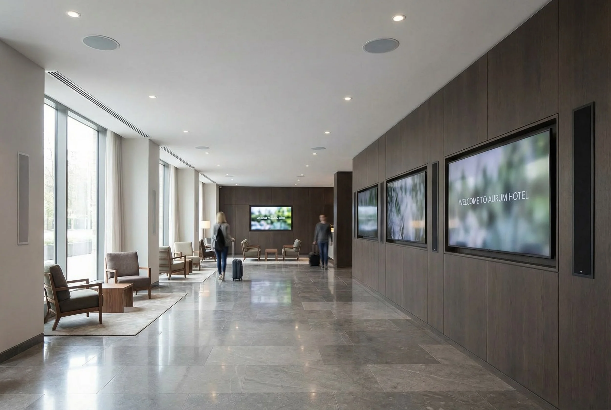 Hotel lobby with large windows, seating area, and digital screens on a wood-paneled wall. Two people are walking through the space, one with a suitcase.