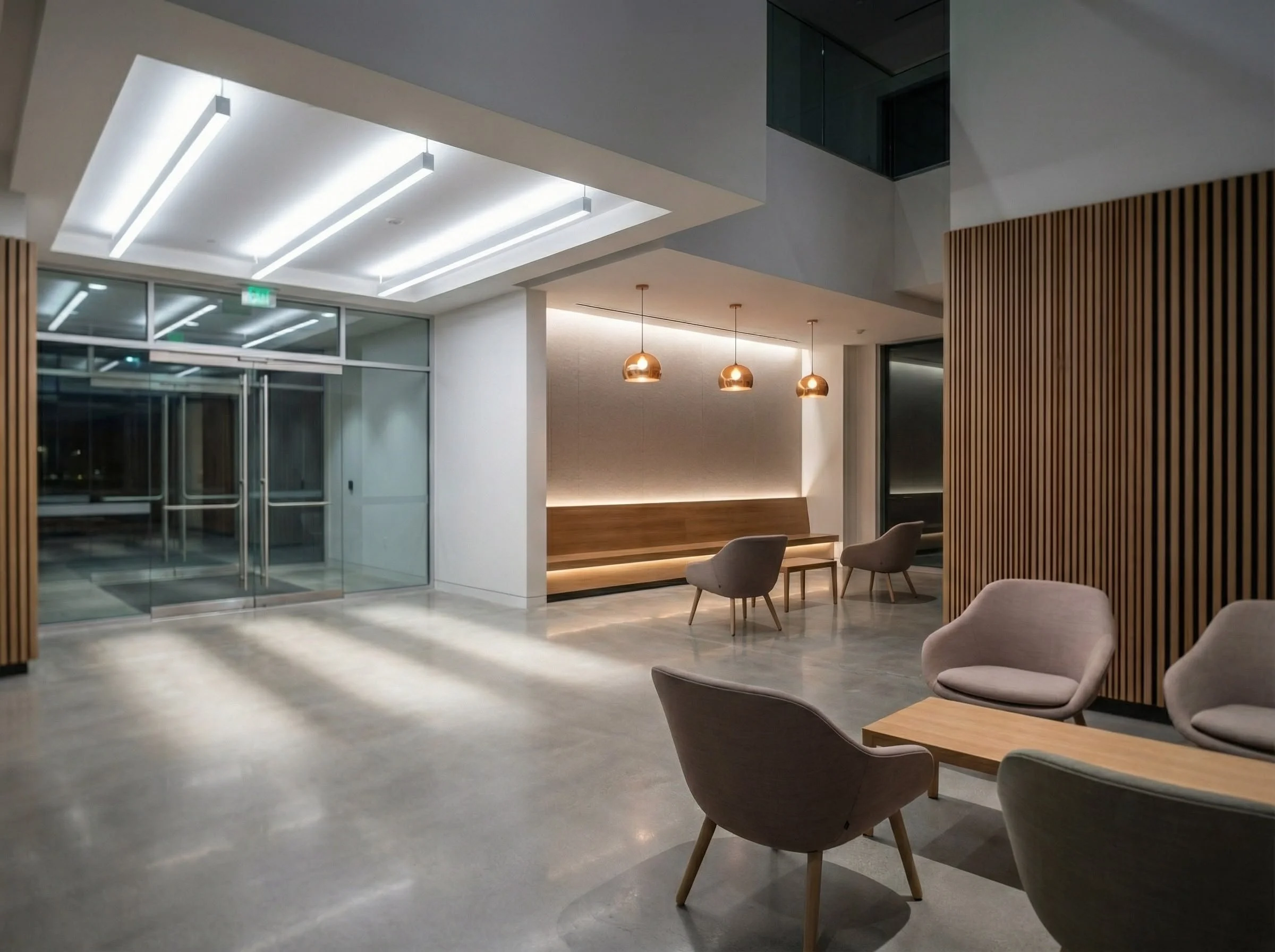 Modern, minimalist lobby with beige chairs, low tables, wooden accents, pendant lighting, glass doors, and sleek ceiling lights.