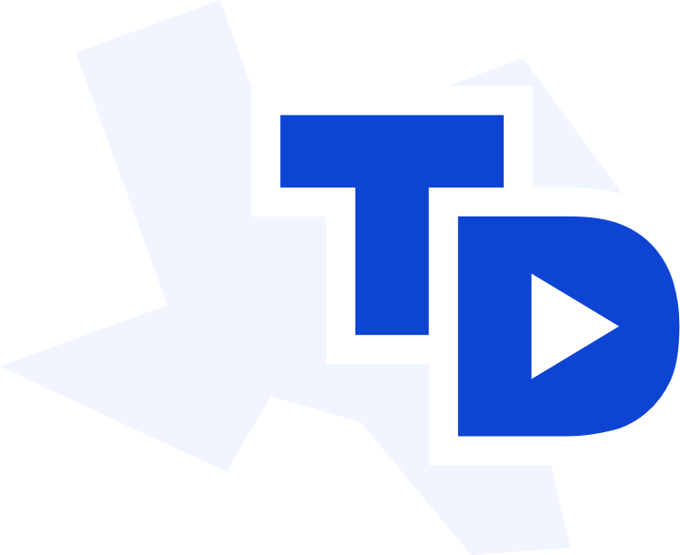 Logo of Texas with overlapping letters T, D, and a play button symbol.