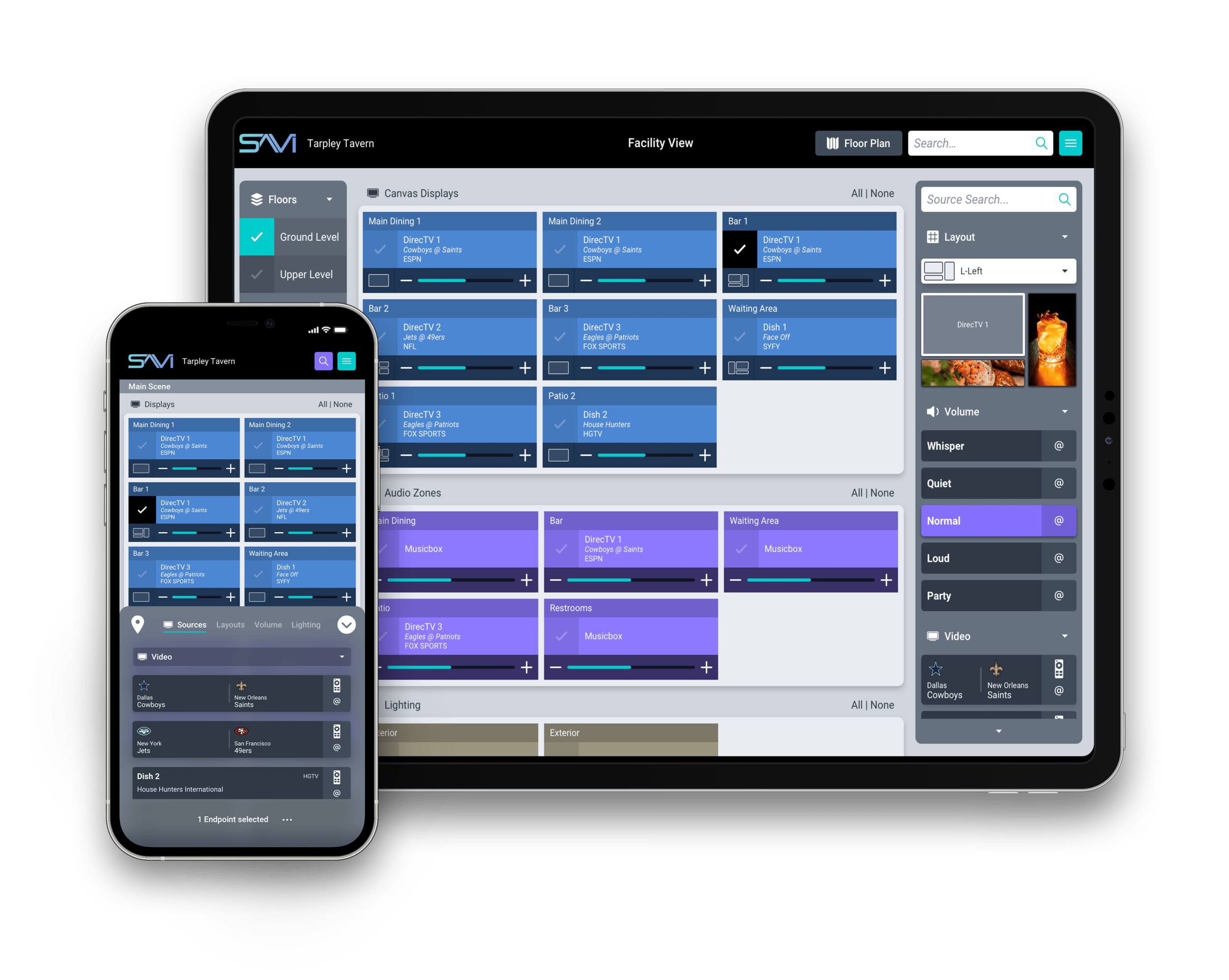 A digital diagram showing a media management system on a tablet and a smartphone. The system displays layout and source options for a sports bar, with various screens and zones for different sports channels and activities.