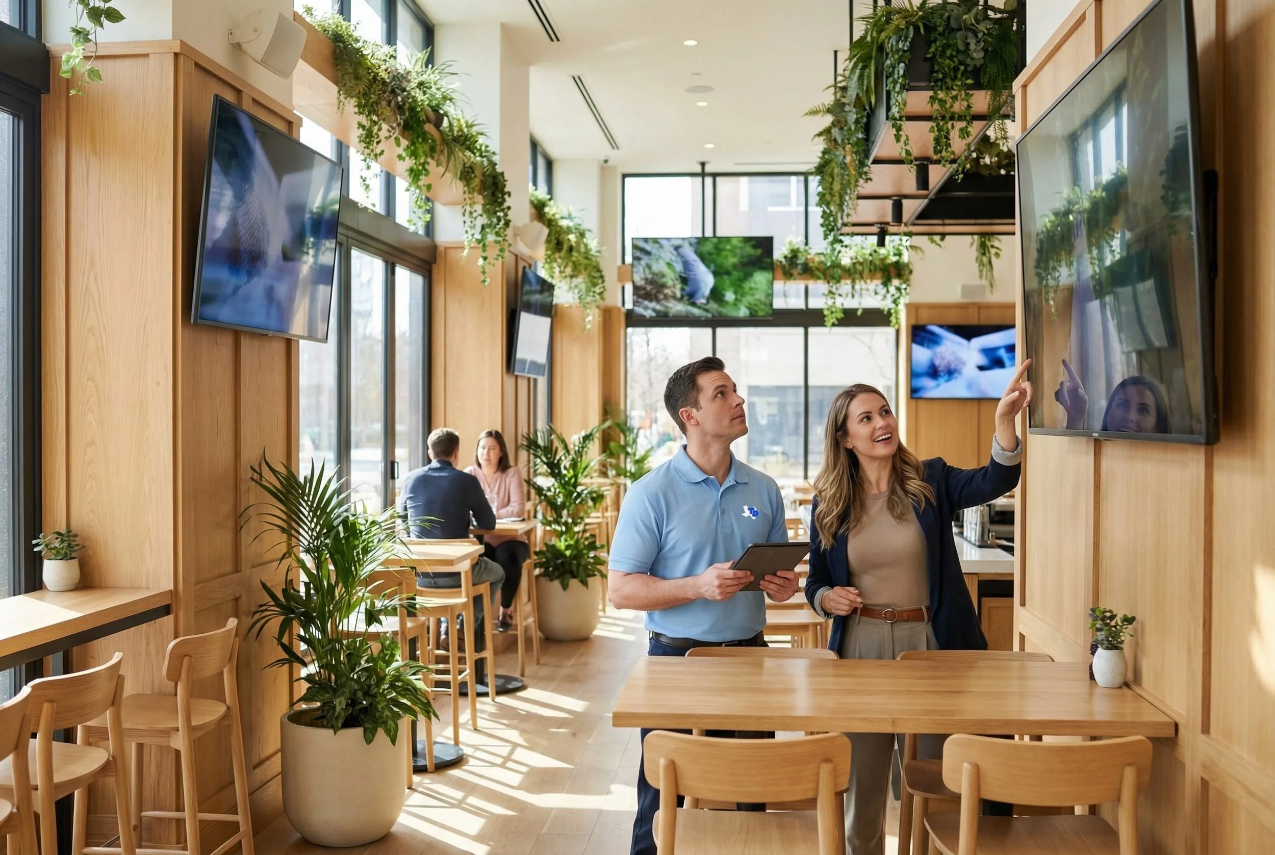 Two people, a man and a woman, standing and looking at a television screen in a modern, well-lit restaurant or cafe with wooden decor and hanging plants. The woman is pointing at the screen and smiling, while the man is holding a tablet. There are other patrons seated in the background.