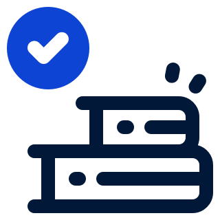 Icon of some stacked books with a blue checkmark above them.