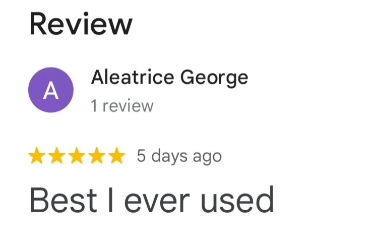 Online product review by Aleatrice George showing a five-star rating with the comment "Best I ever used."
