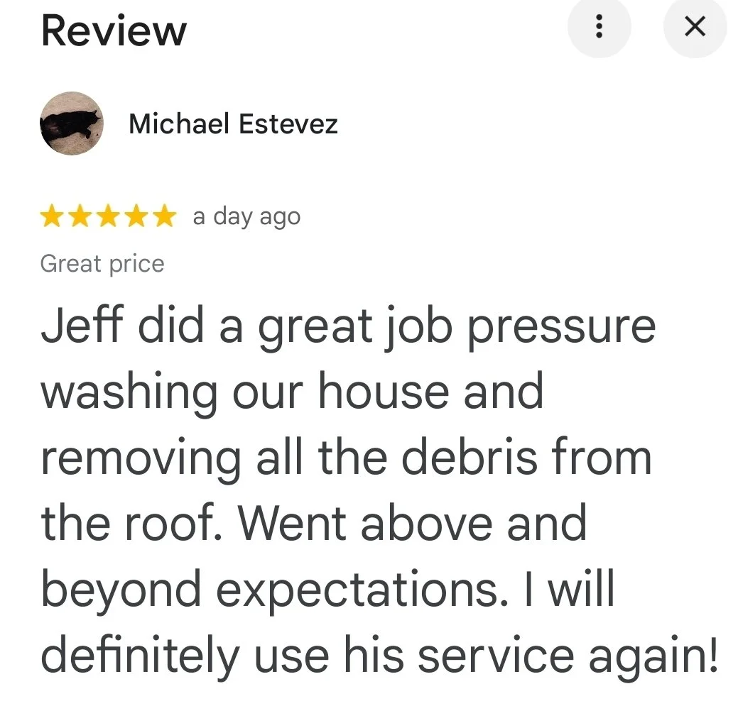 Review of a house cleaning service, showing a five-star rating, from Michael Estevez, praising Jeff for thorough roof debris removal.