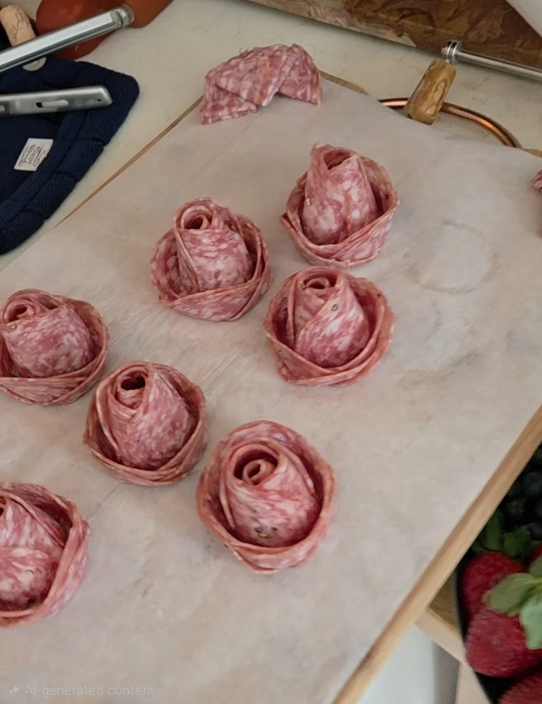Several pieces of sliced salami rolled into rose shapes on a baking sheet.