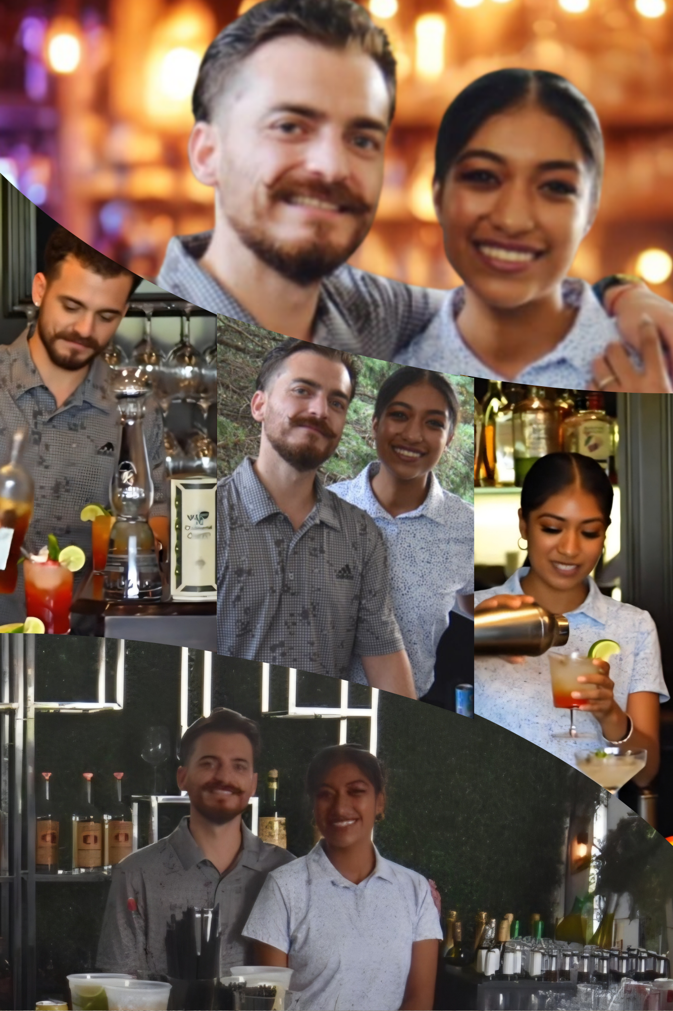 Collage of images showing people enjoying drinks at a bar or restaurant, with bartenders preparing cocktails and two people posing together.