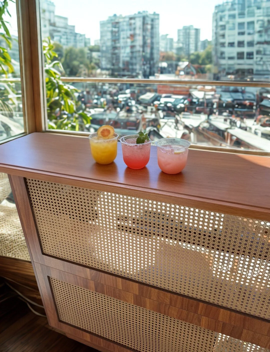 Three colorful drinks on a wooden ledge with a cityscape view in the background.
