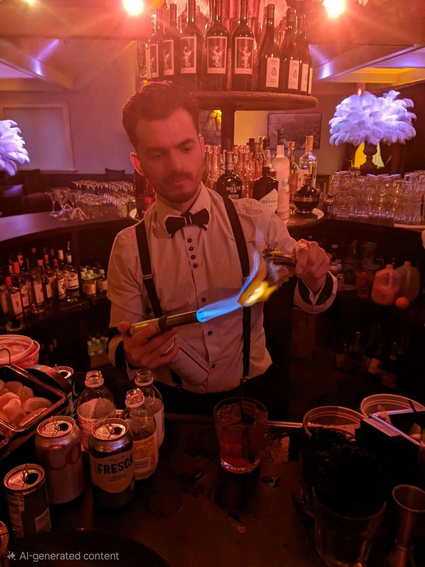 A bartender in a white shirt with suspenders and a bow tie is lighting a drink on fire at a bar with bottles of alcohol and glasses in the background.