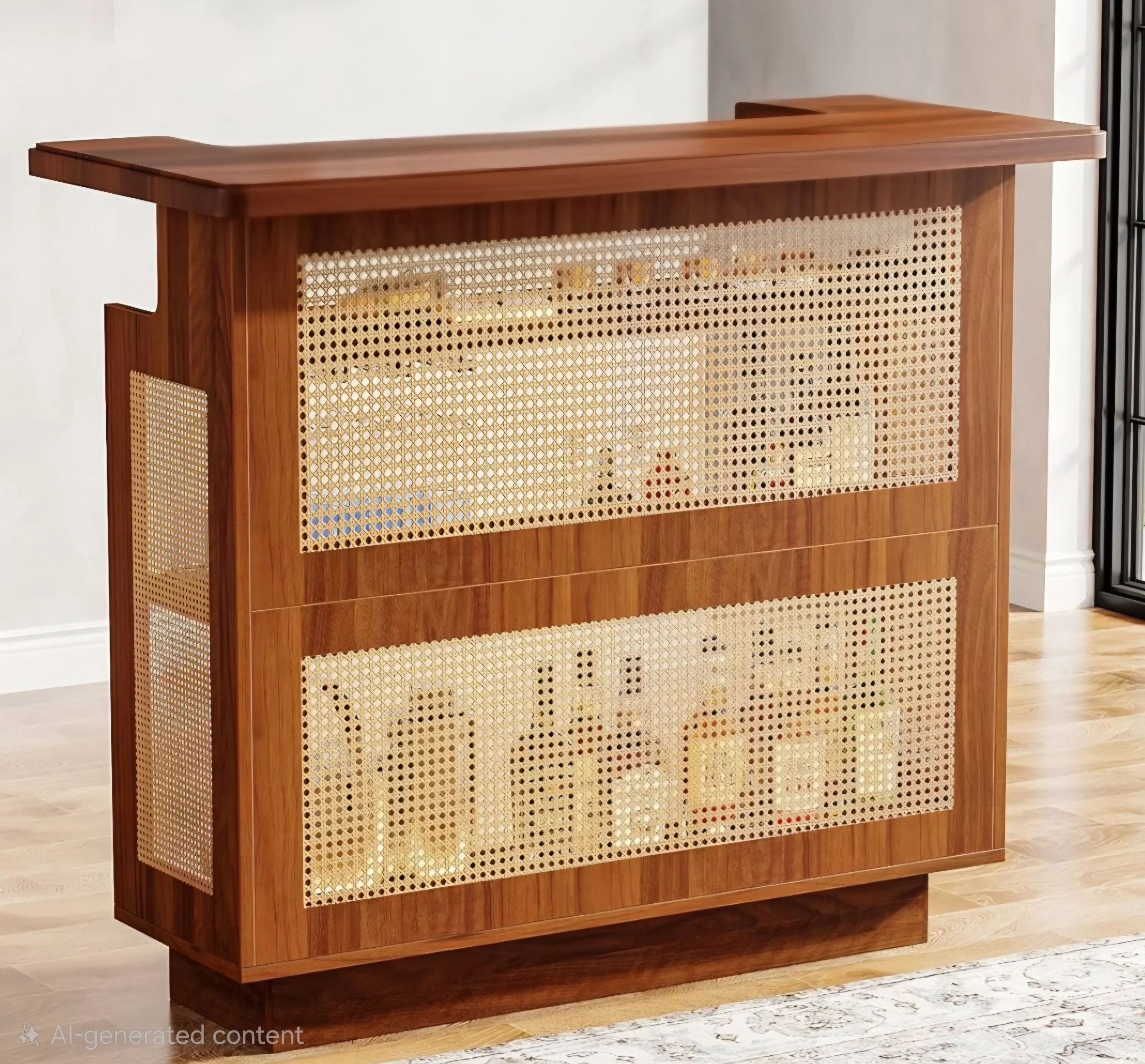 A wooden bar with cane webbing panels on the front and sides, placed on a hardwood floor with a rug nearby.
