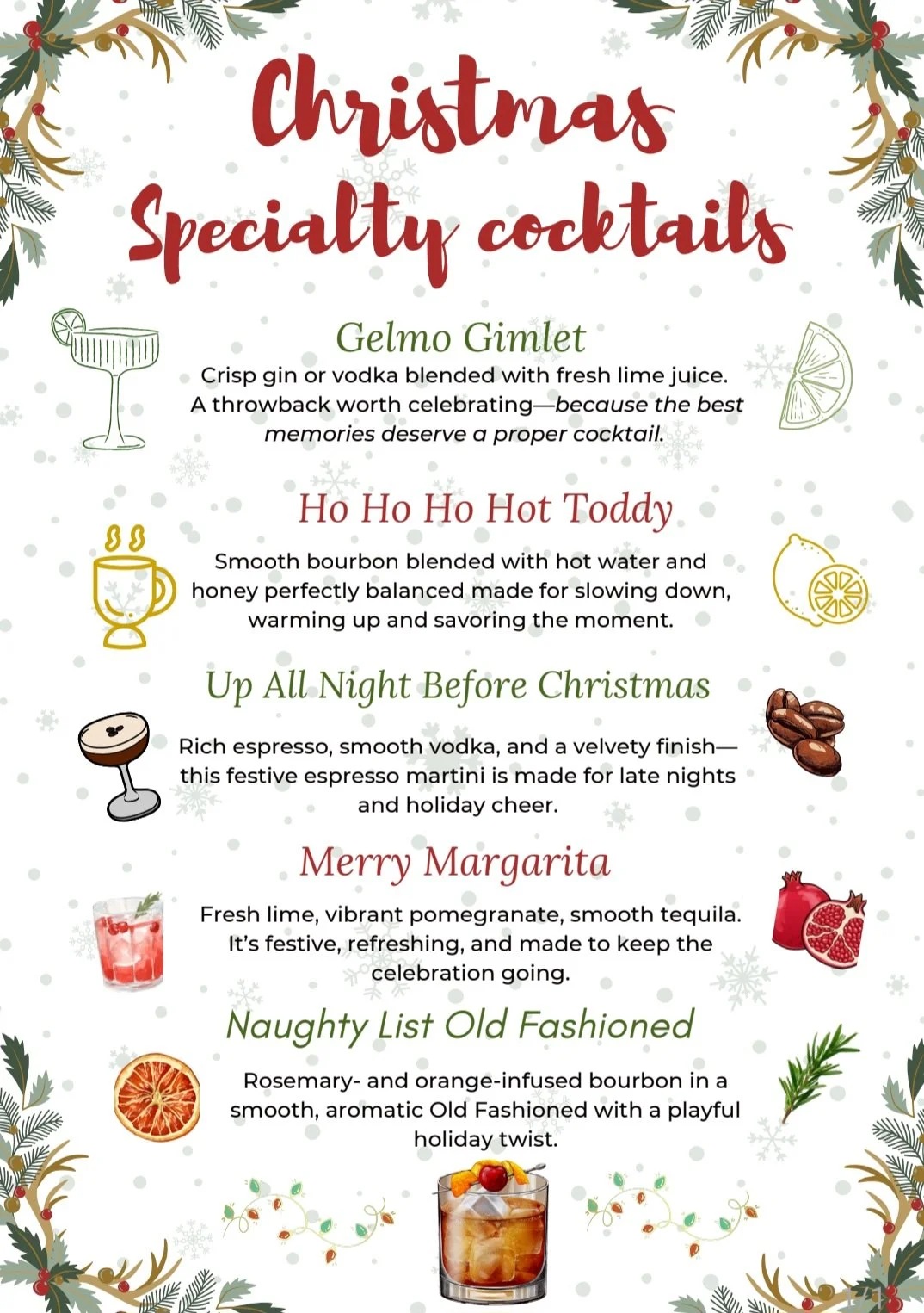 A Christmas-themed menu featuring five special cocktails with descriptions and small illustrations, decorated with holiday foliage and snowflakes.