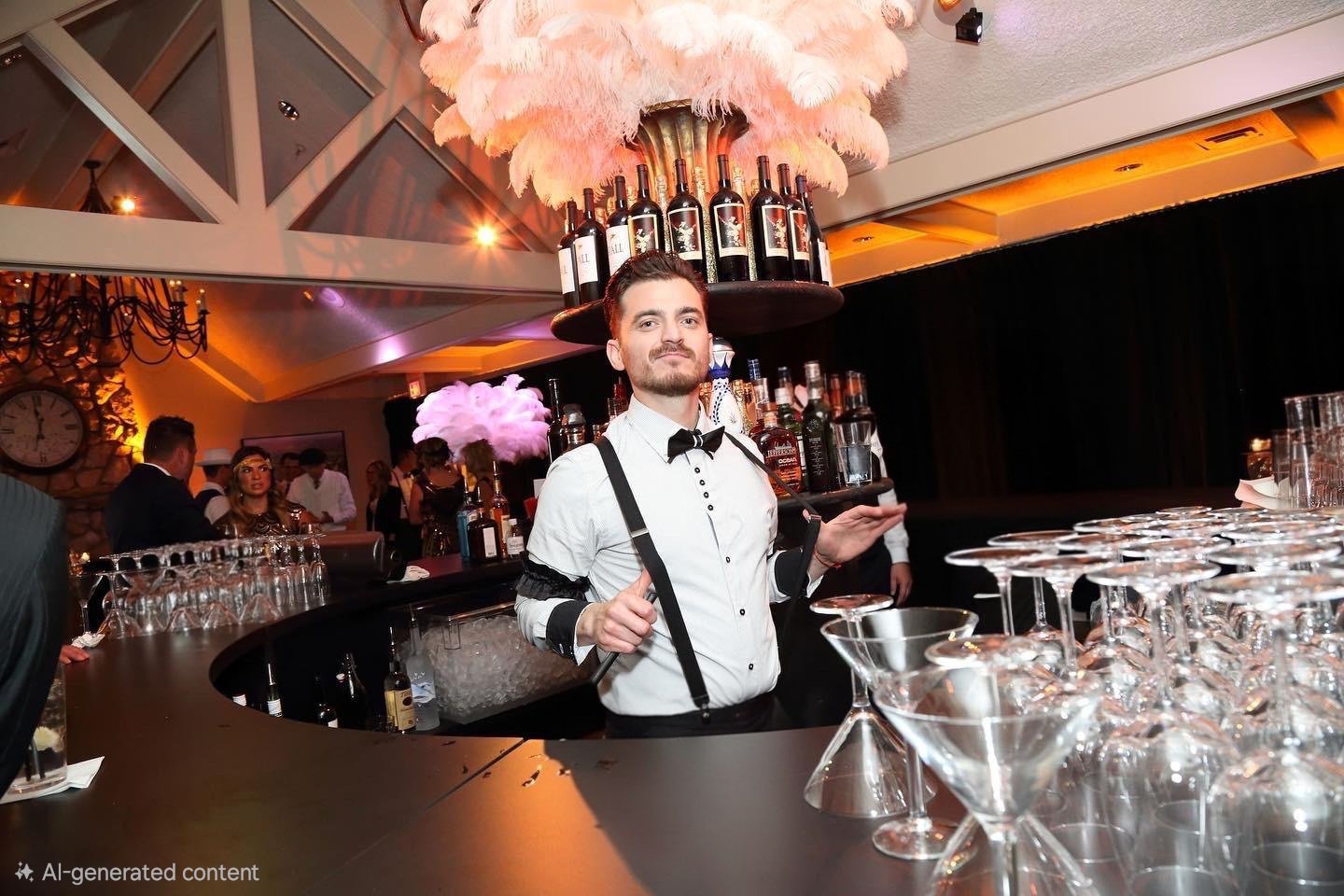 A bartender in a white shirt with black suspenders and a black bow tie standing behind a bar, with an ornate chandelier with pink feathers overhead. Multiple glasses and bottles are arranged on the bar and shelves behind him. The background shows other guests at a party or event.
