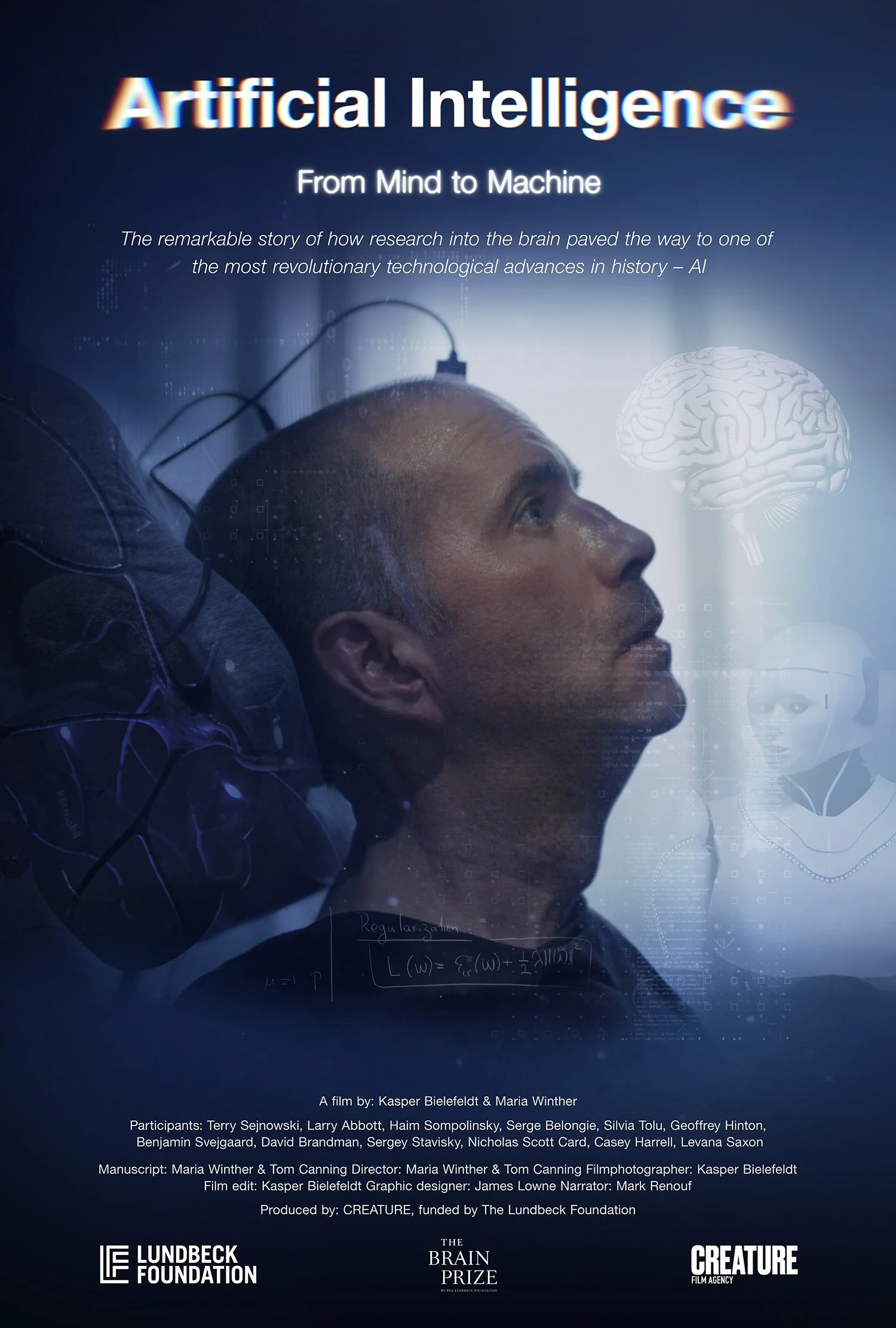 Poster for a film titled 'Artificial Intelligence: From Mind to Machine,' featuring a profile of a man lying down with a digital brain graphic and mathematical formulas. Contains logos for The Lundbeck Foundation, The Brain Prize, and Creature Film Agency, along with cast and production credits.