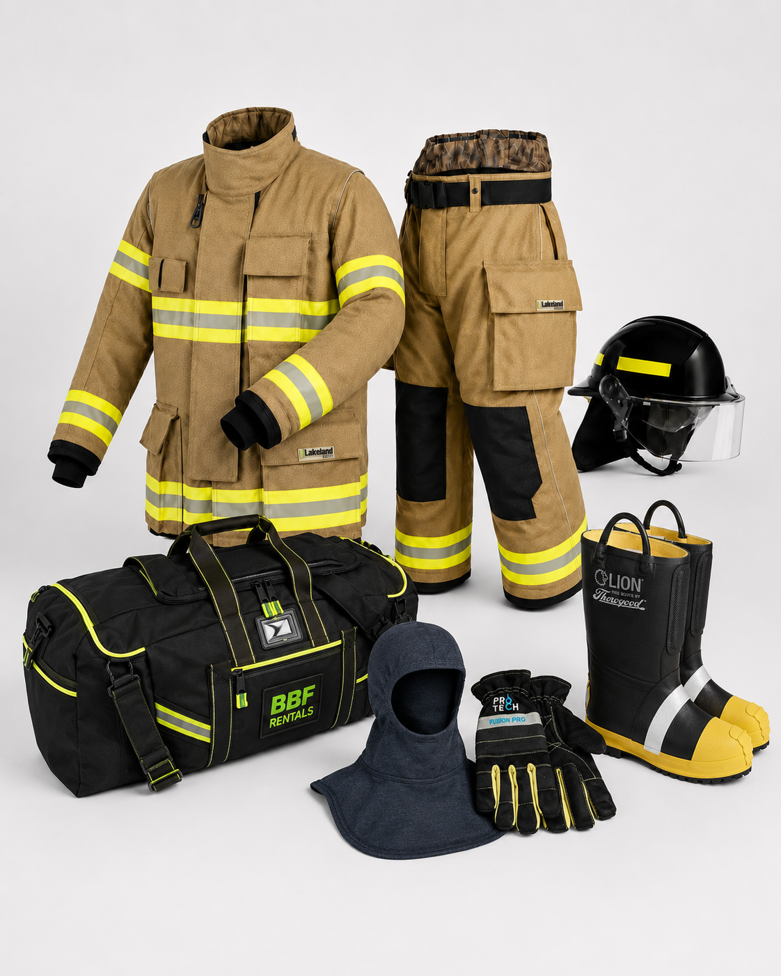 Firefighter turnout gear including jacket, pants, helmet, boots, gloves, hood, reflective equipment, and a gear bag.