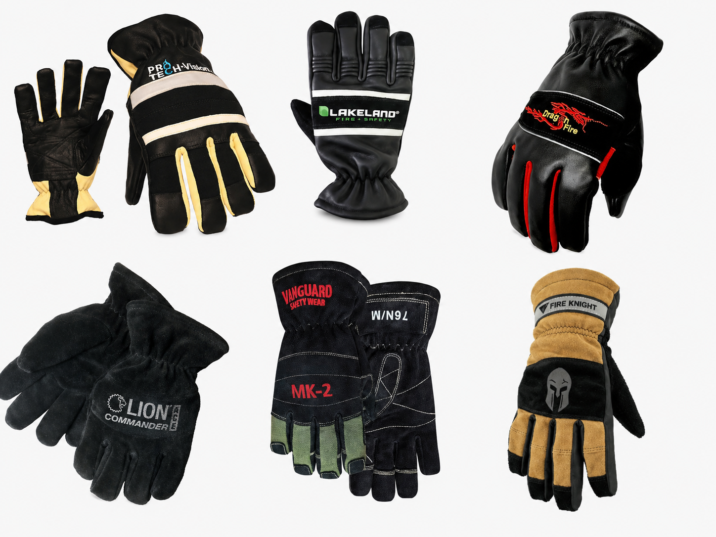 Six pairs of gloves for firefighting and safety, featuring various designs and branding, arranged on a white background.
