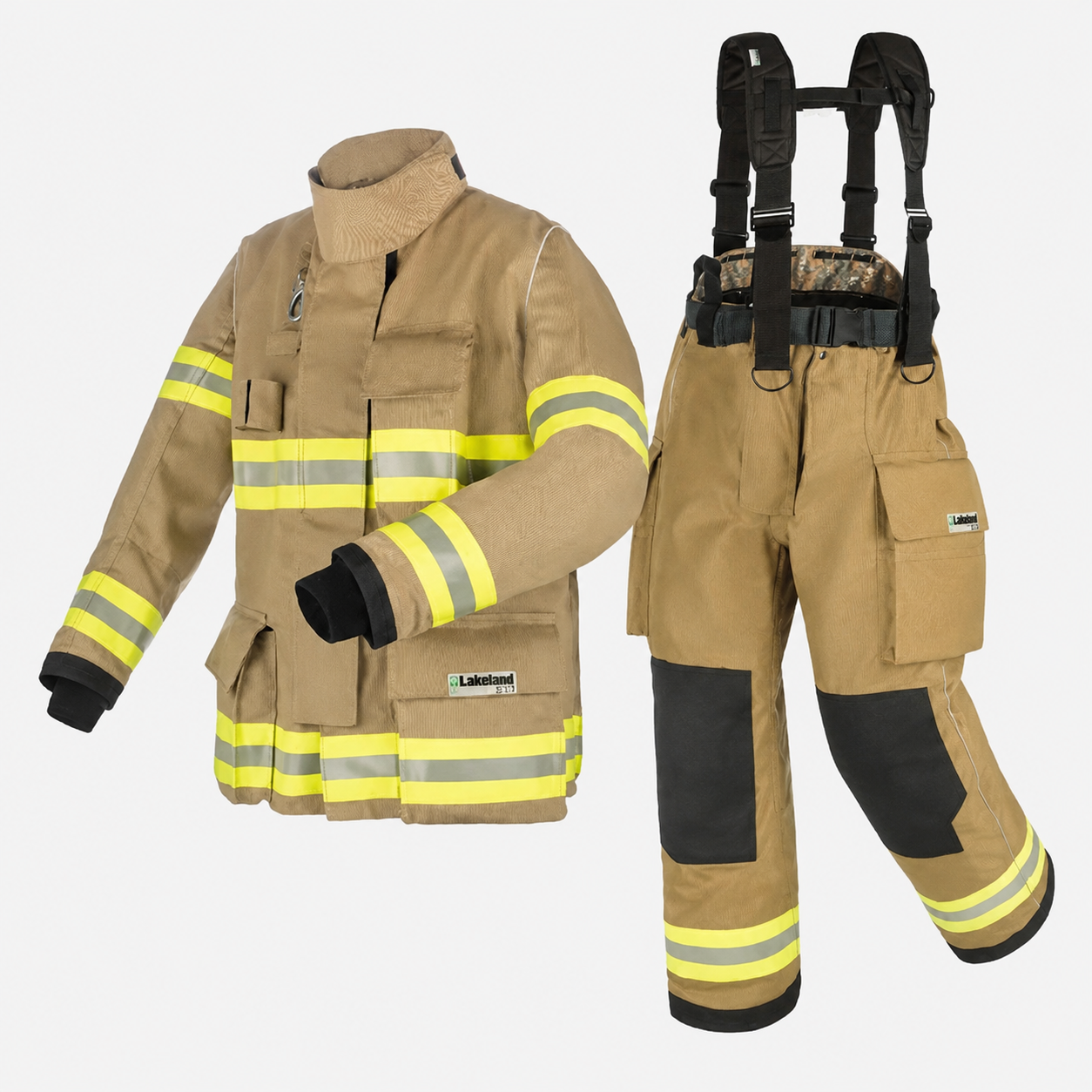 Firefighter's turnouts, including a jacket with reflective stripes and a pair of pants with suspenders and reinforced knees, on a white background.