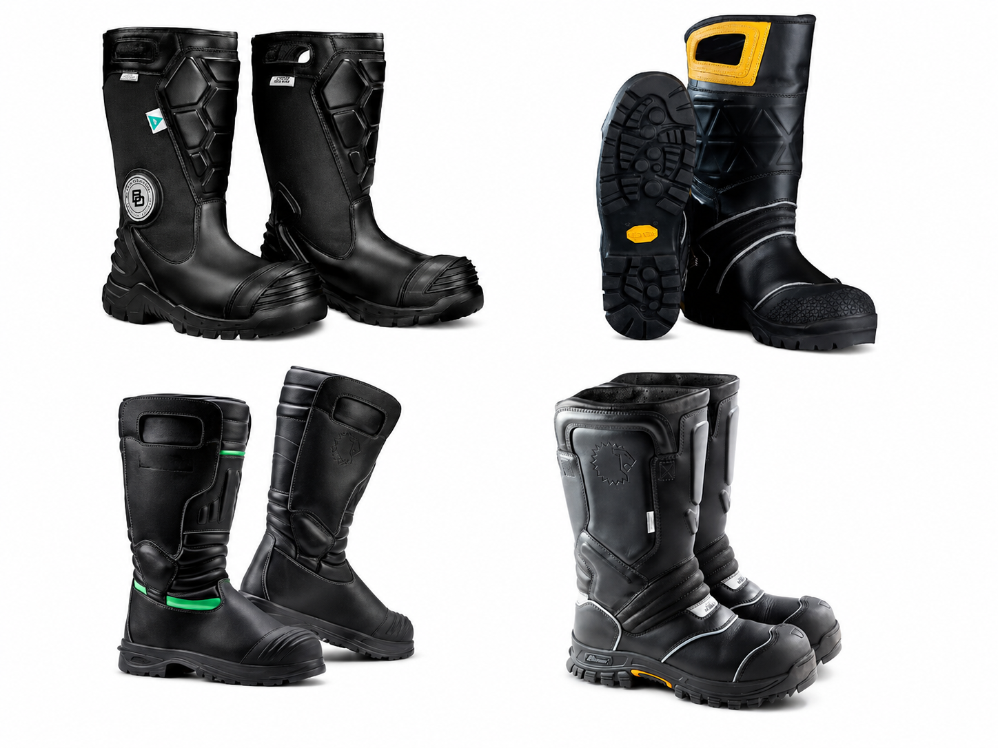 Four pairs of black motorcycle or riding boots, each with different designs and features, arranged in a grid pattern on a white background.