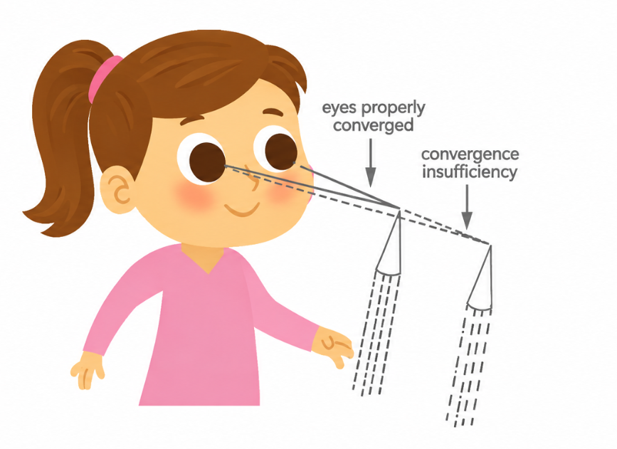 Illustration of a girl demonstrating the concepts of normal eye convergence and convergence insufficiency.