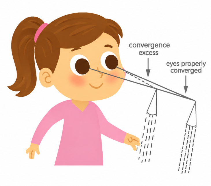 Illustration of a girl demonstrating how her eyes converge focusing on a target; with lines indicating normal eye convergence and convergence excess.