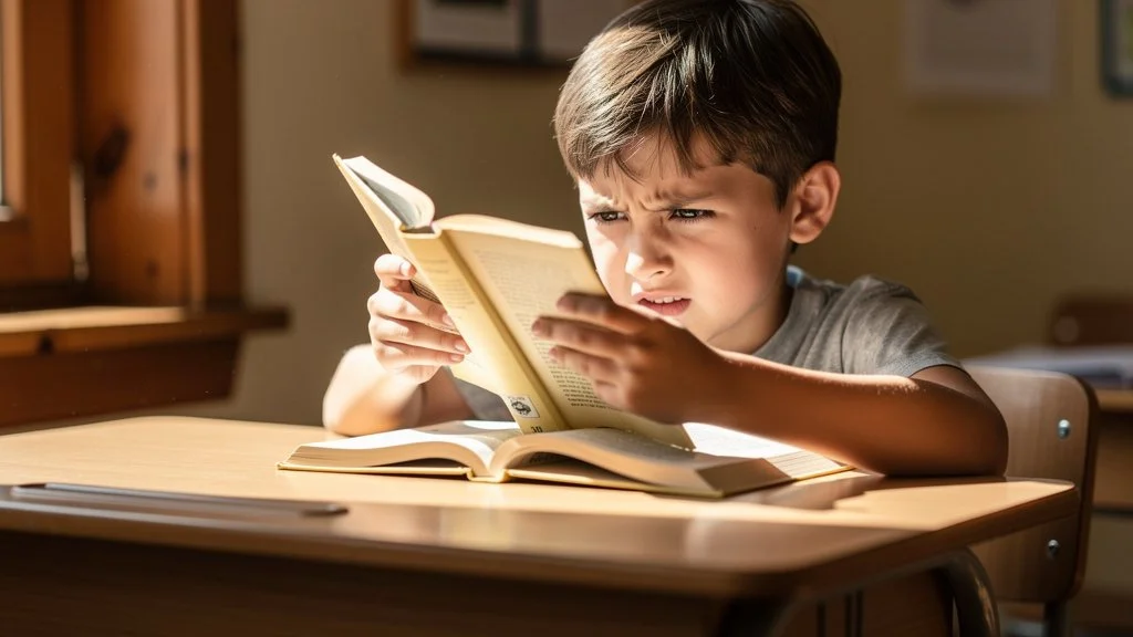 A young boy sitting at a desk, squinting and straining as he reads a book.