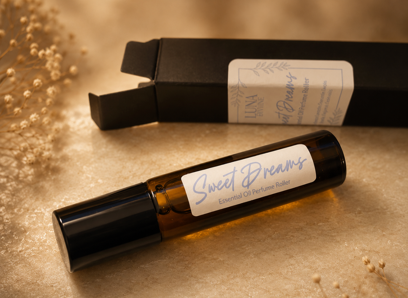 A brown glass perfume roller labeled "Sweet Dreams" surrounded by a black box and small white flowers on a beige surface.