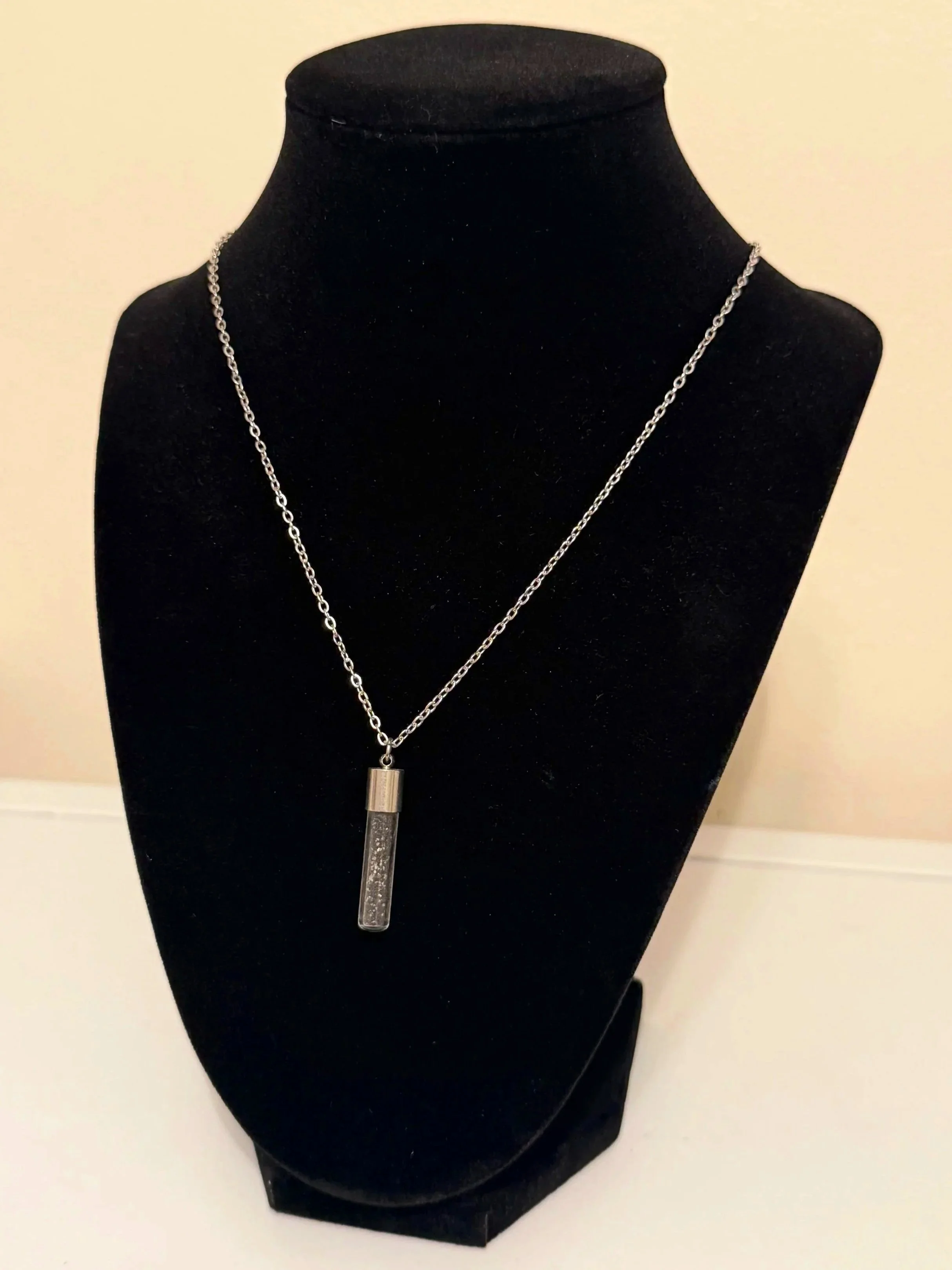 Black Tourmaline Sand Necklace — 1” Glass Jar Pendant, 17” Stainless Steel Chain