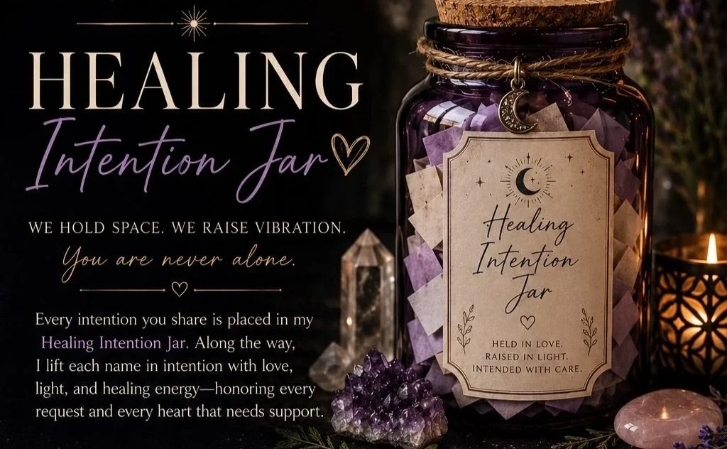 A promotional display for a healing intention jar, including a glass jar filled with notes, a jewelry charm, a crystal, and candles, with accompanying text explaining its purpose and usage.