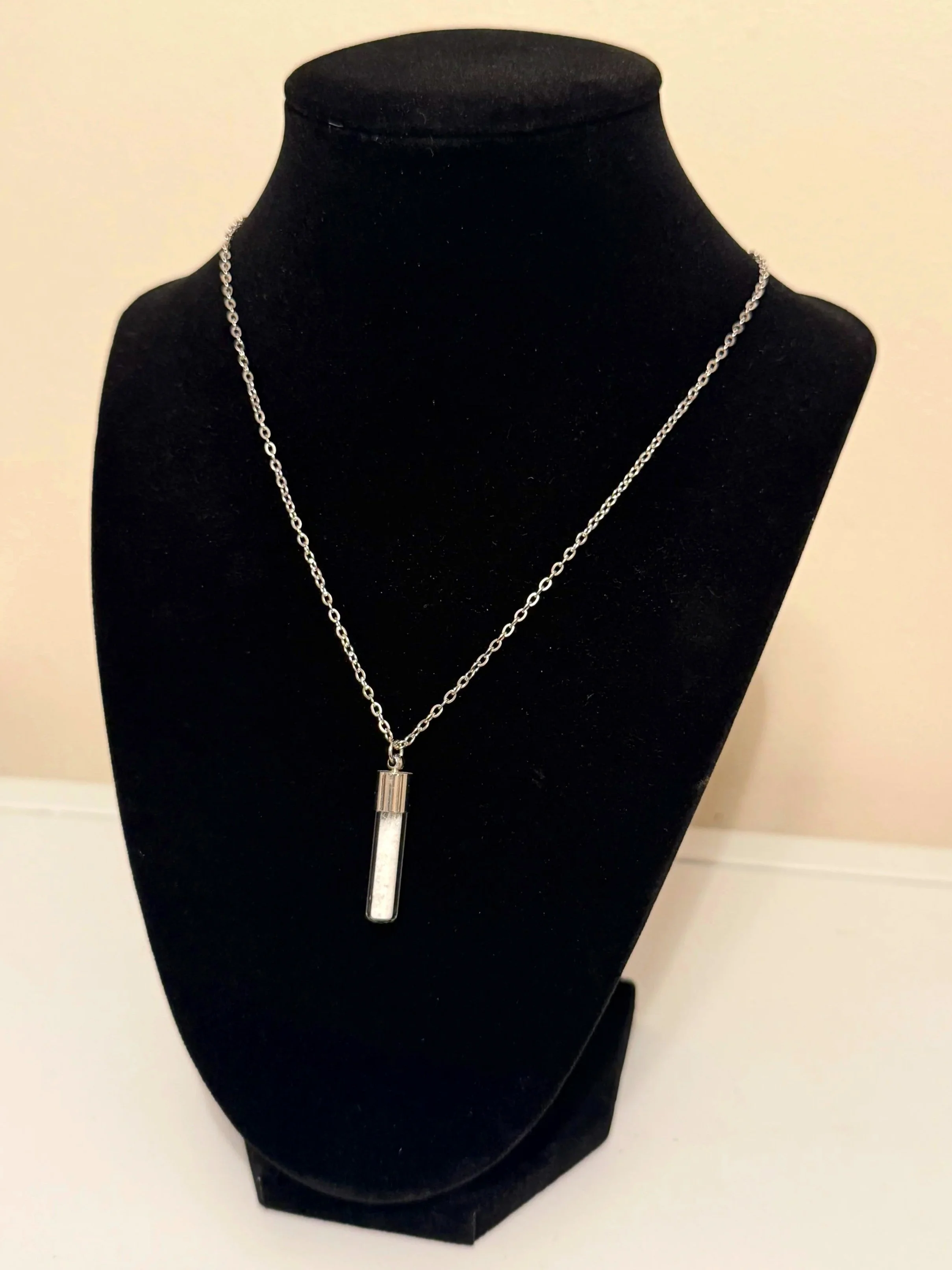 Selenite Sand Necklace — 1” Glass Jar Pendant, 17” Stainless Steel Chain