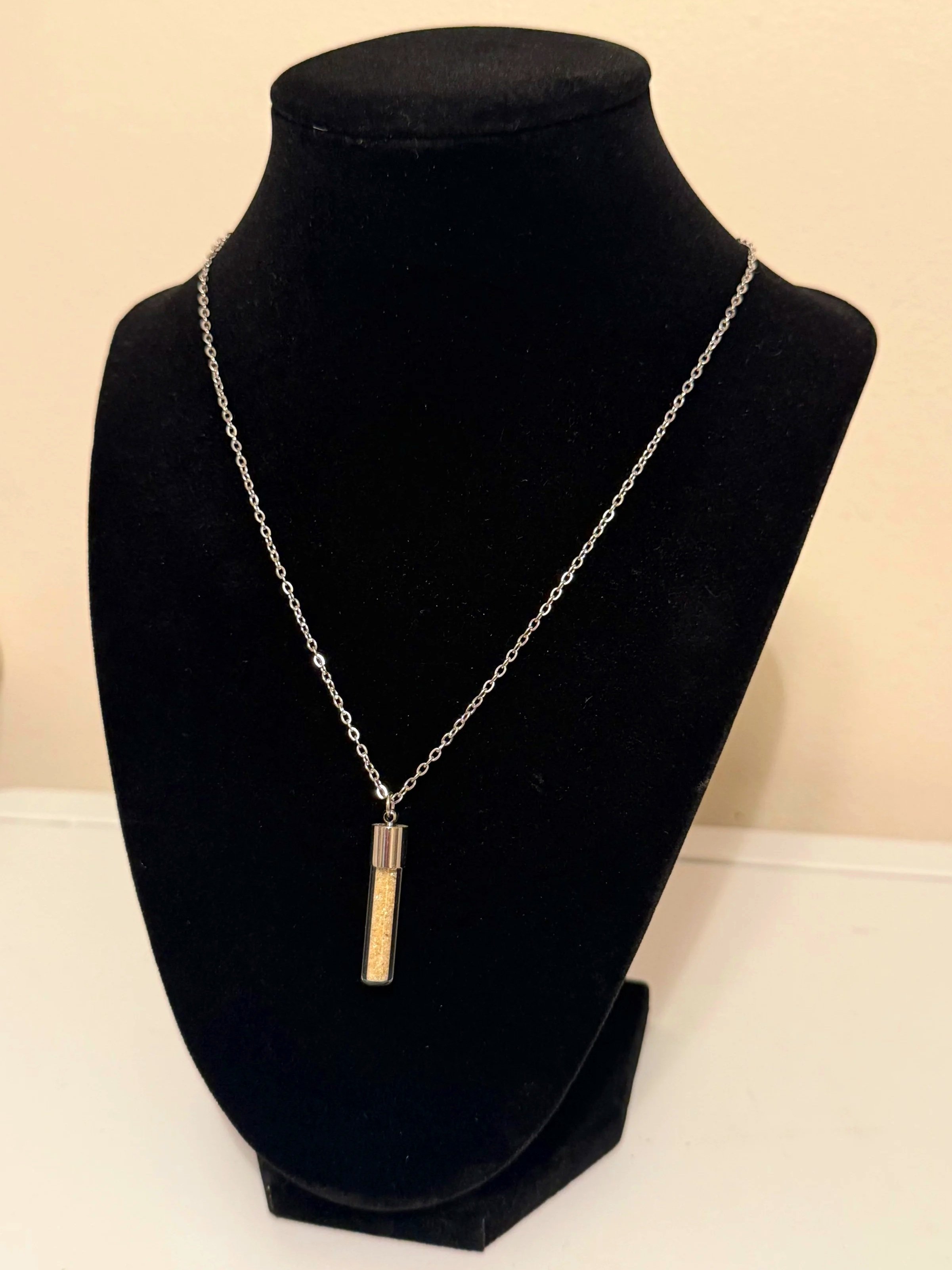 Citrine Sand Necklace — 1” Glass Jar Pendant, 17” Stainless Steel Chain