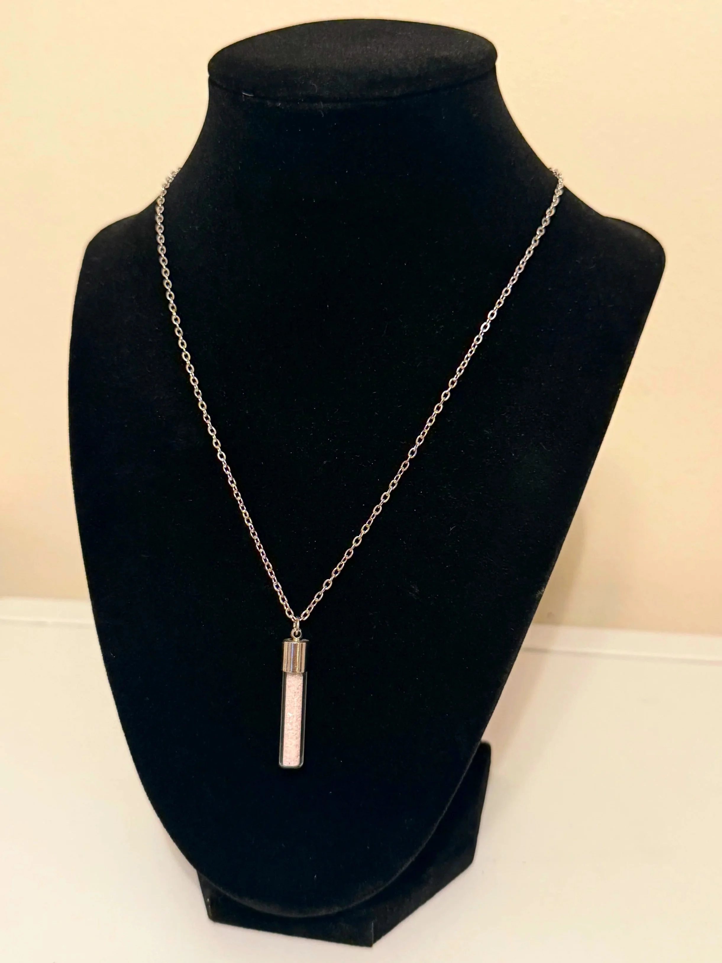 Rose Quartz Sand Necklace — 1” Glass Jar Pendant, 17” Stainless Steel Chain